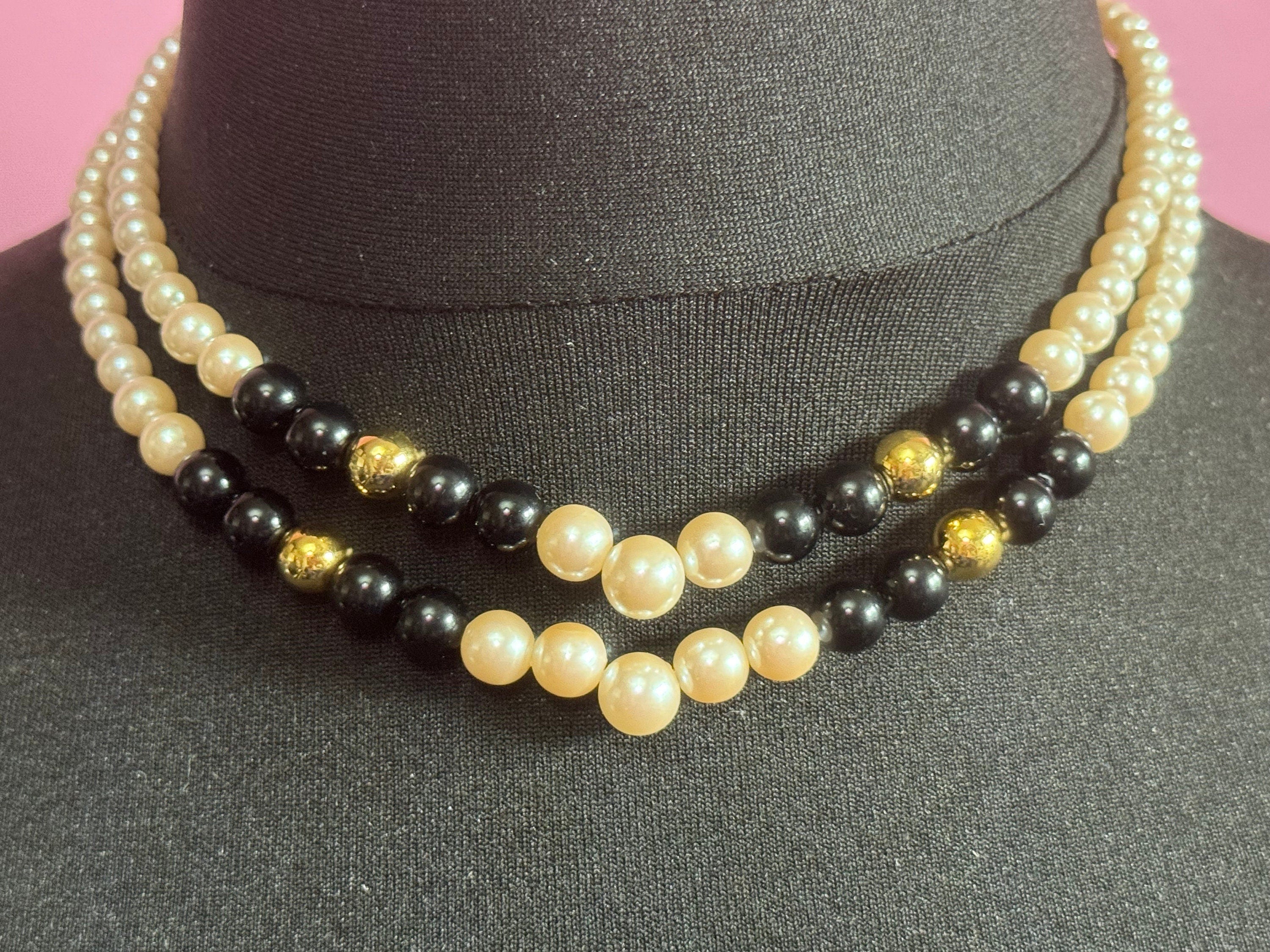 Signed Richelieu designer faux pearl Vintage black and gold beaded collar necklace