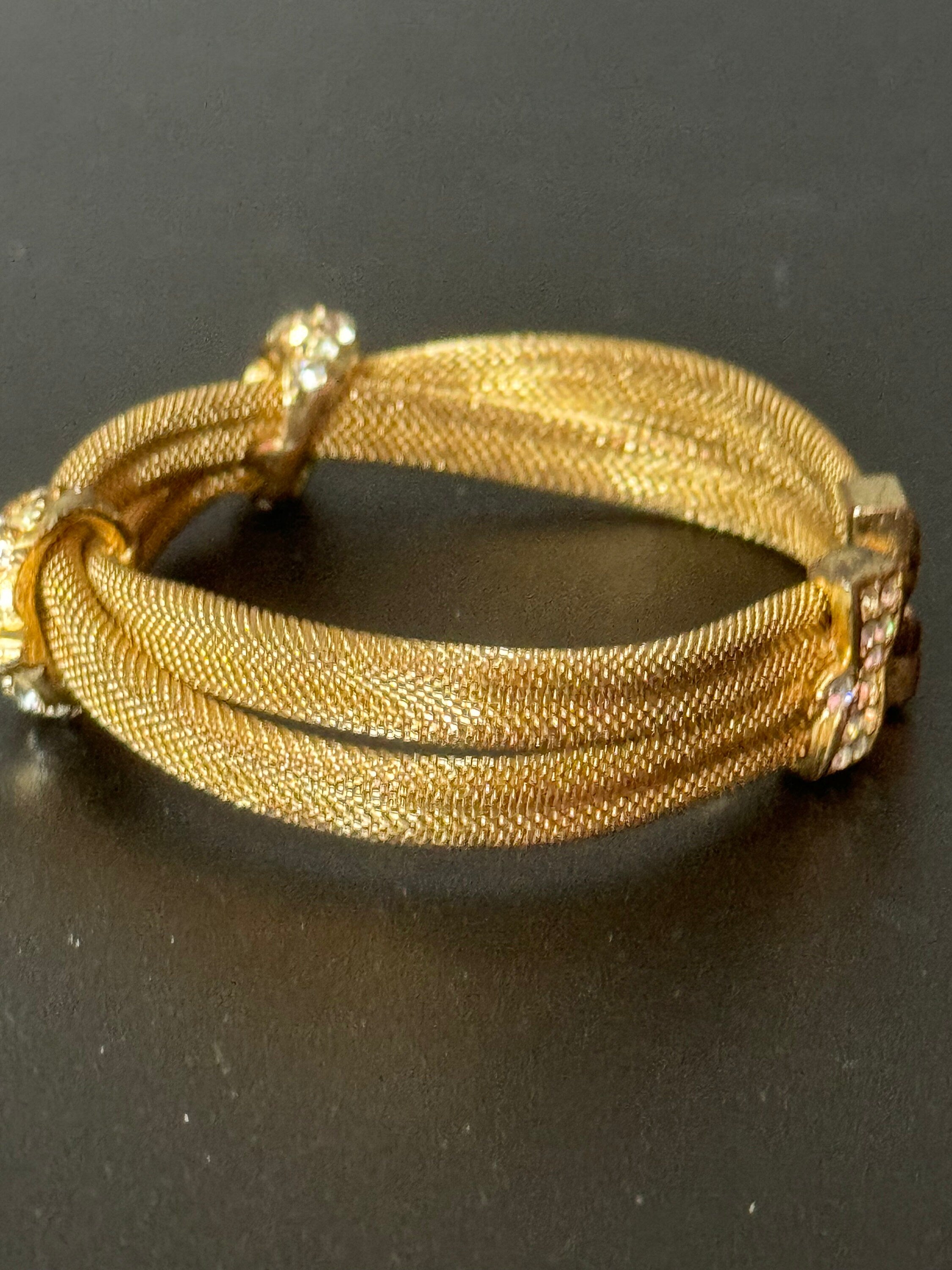 Petite fit Vintage 1960s 1970s gold tone mesh twist bracelet bangle with clear diamanté glass paste stones 17.5cm long