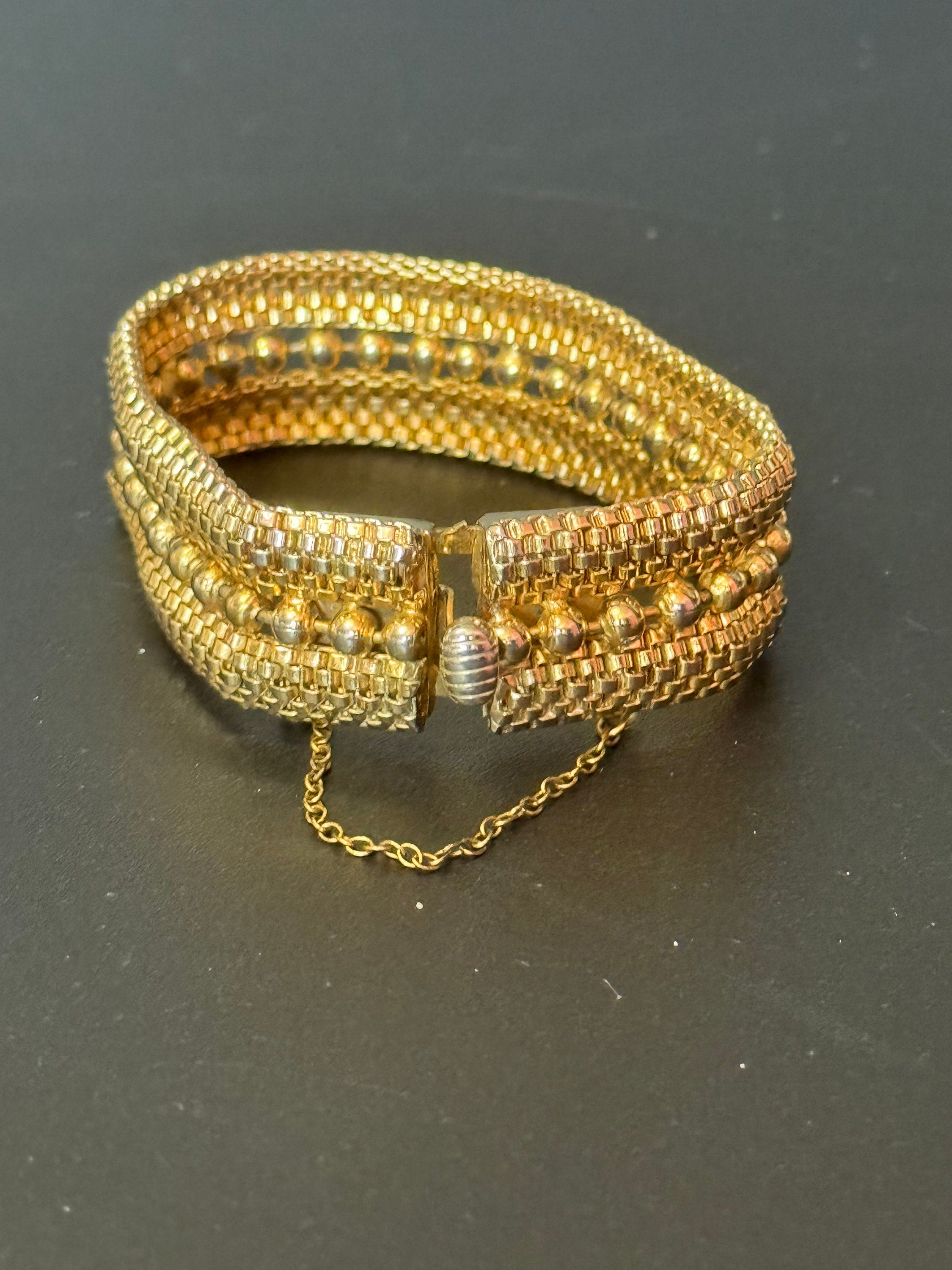 Signed Jewelcraft vintage gold tone Woven ball and Brick link wide chain bracelet 18 x 2cm