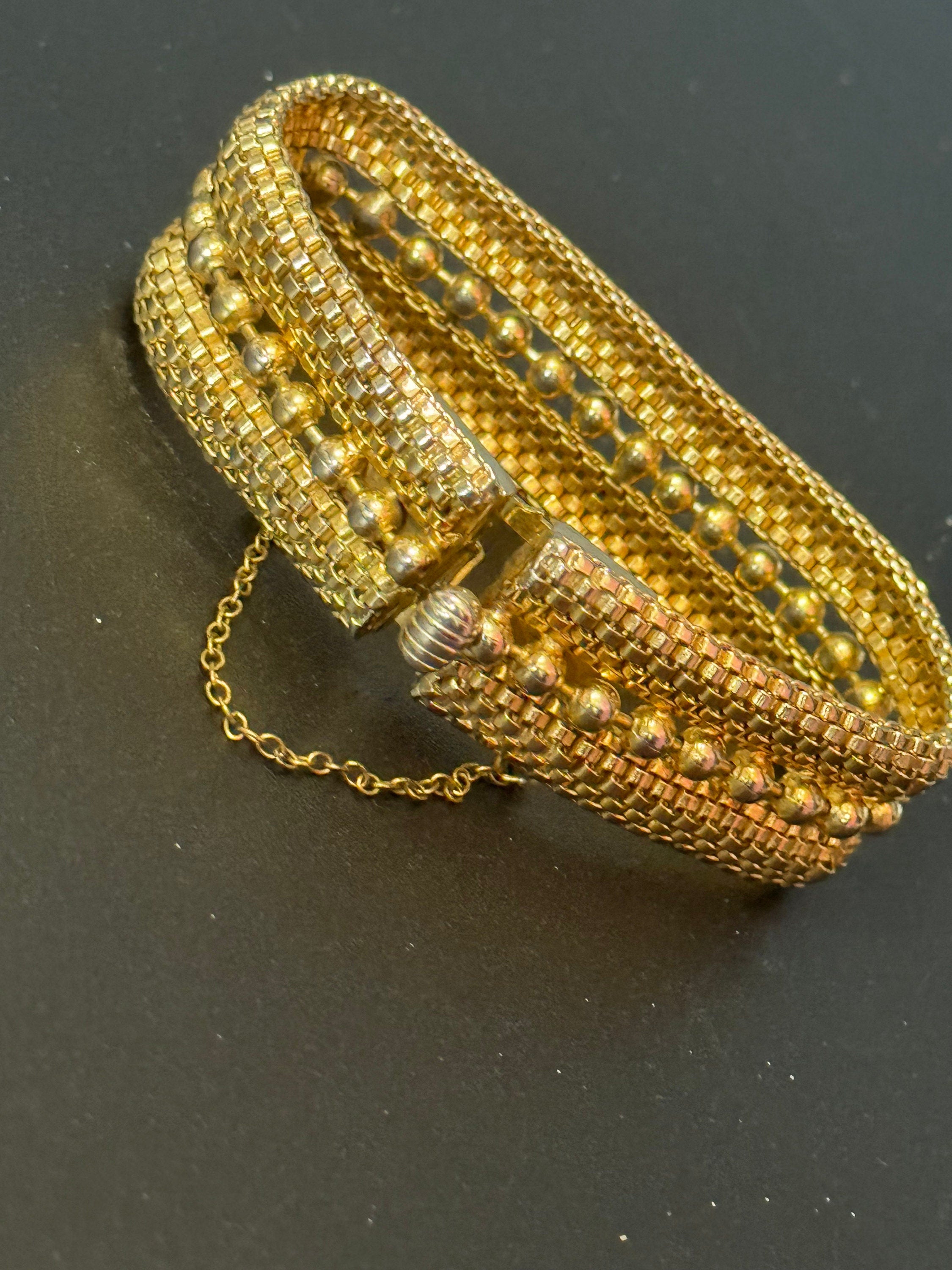Signed Jewelcraft vintage gold tone Woven ball and Brick link wide chain bracelet 18 x 2cm