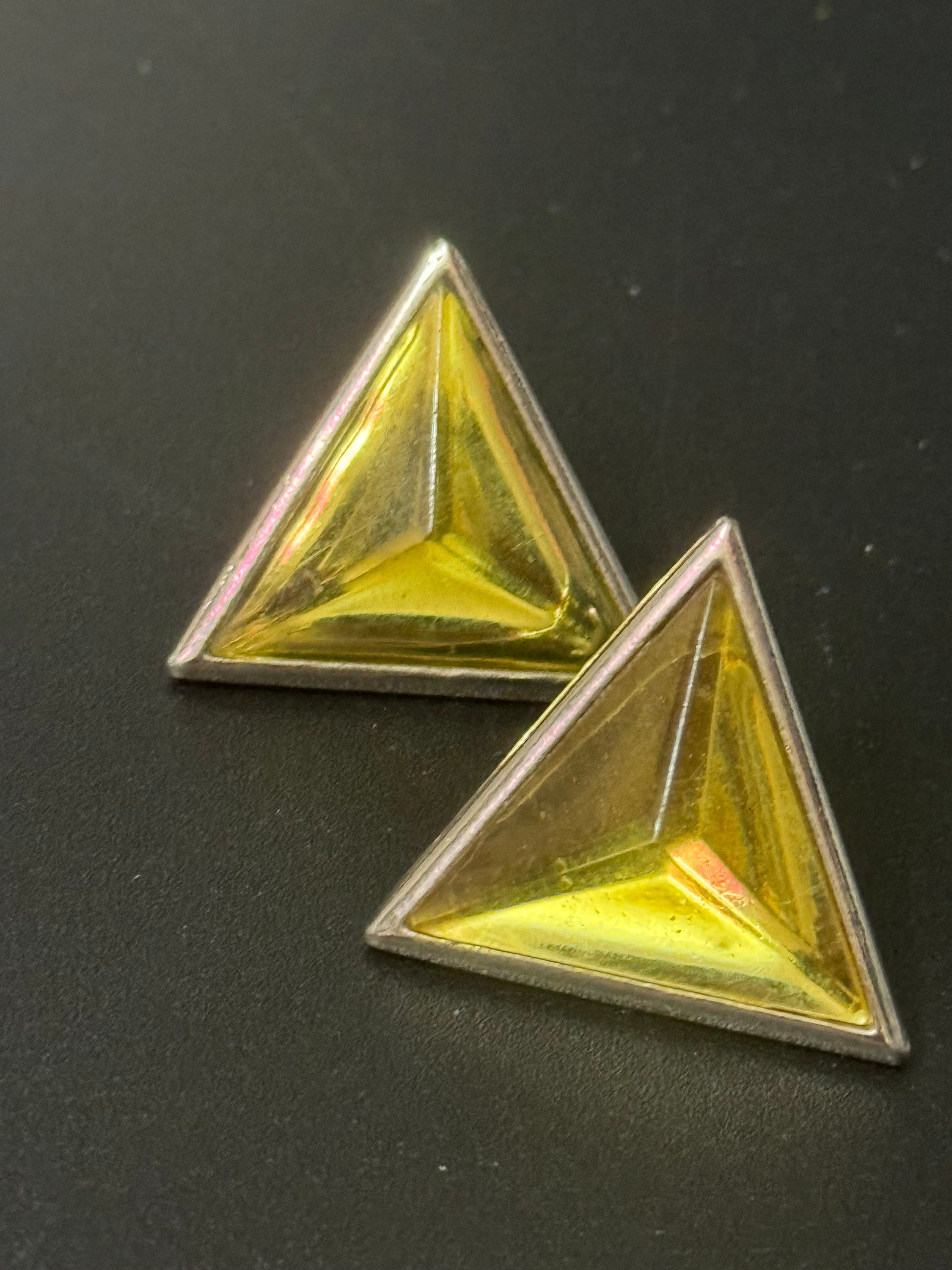 Vintage YSL Yves Saint Laurent 3cm silver tone triangle clip on earrings with yellow cabochons