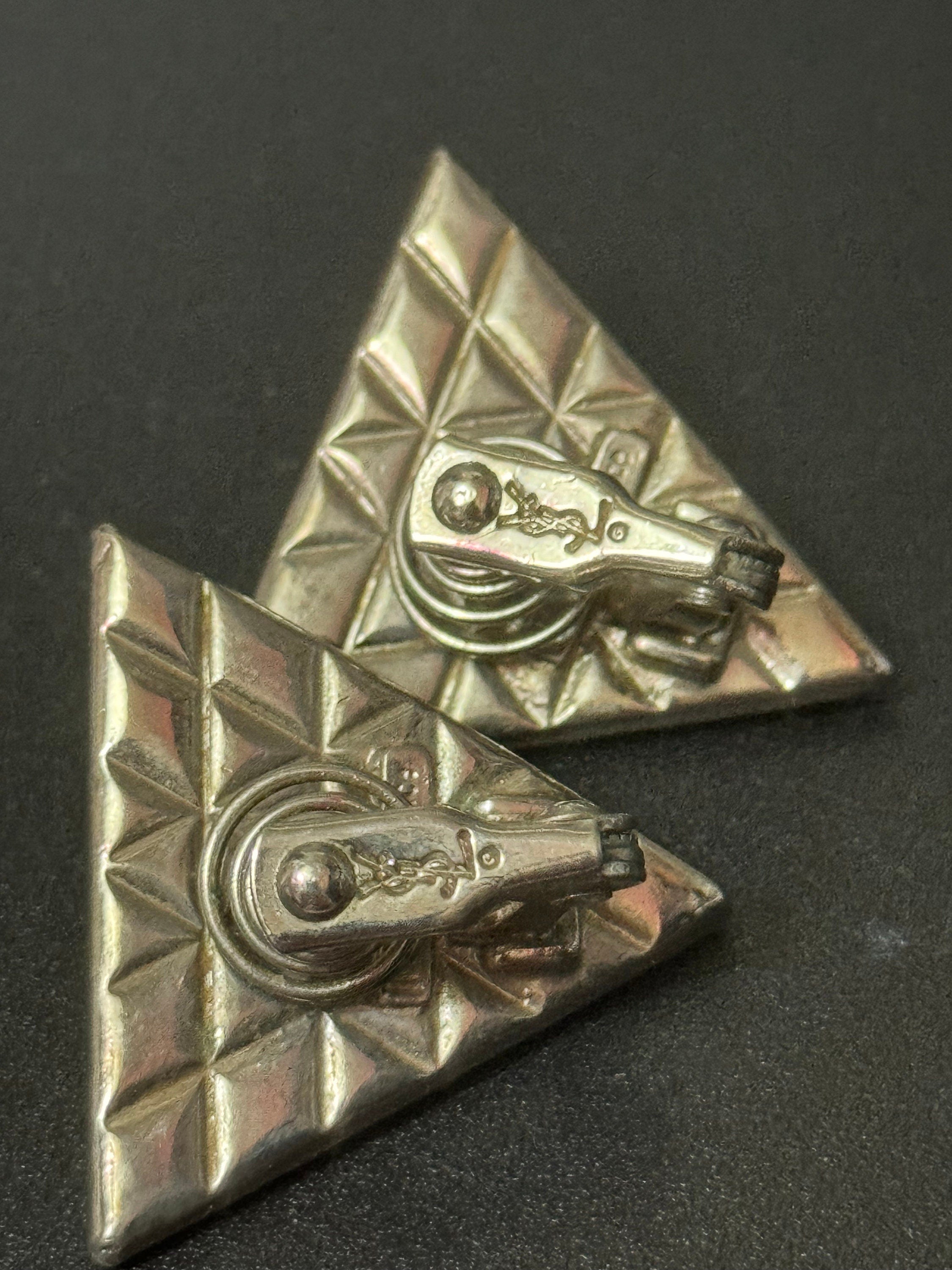 Vintage YSL Yves Saint Laurent 3cm silver tone triangle clip on earrings with yellow cabochons