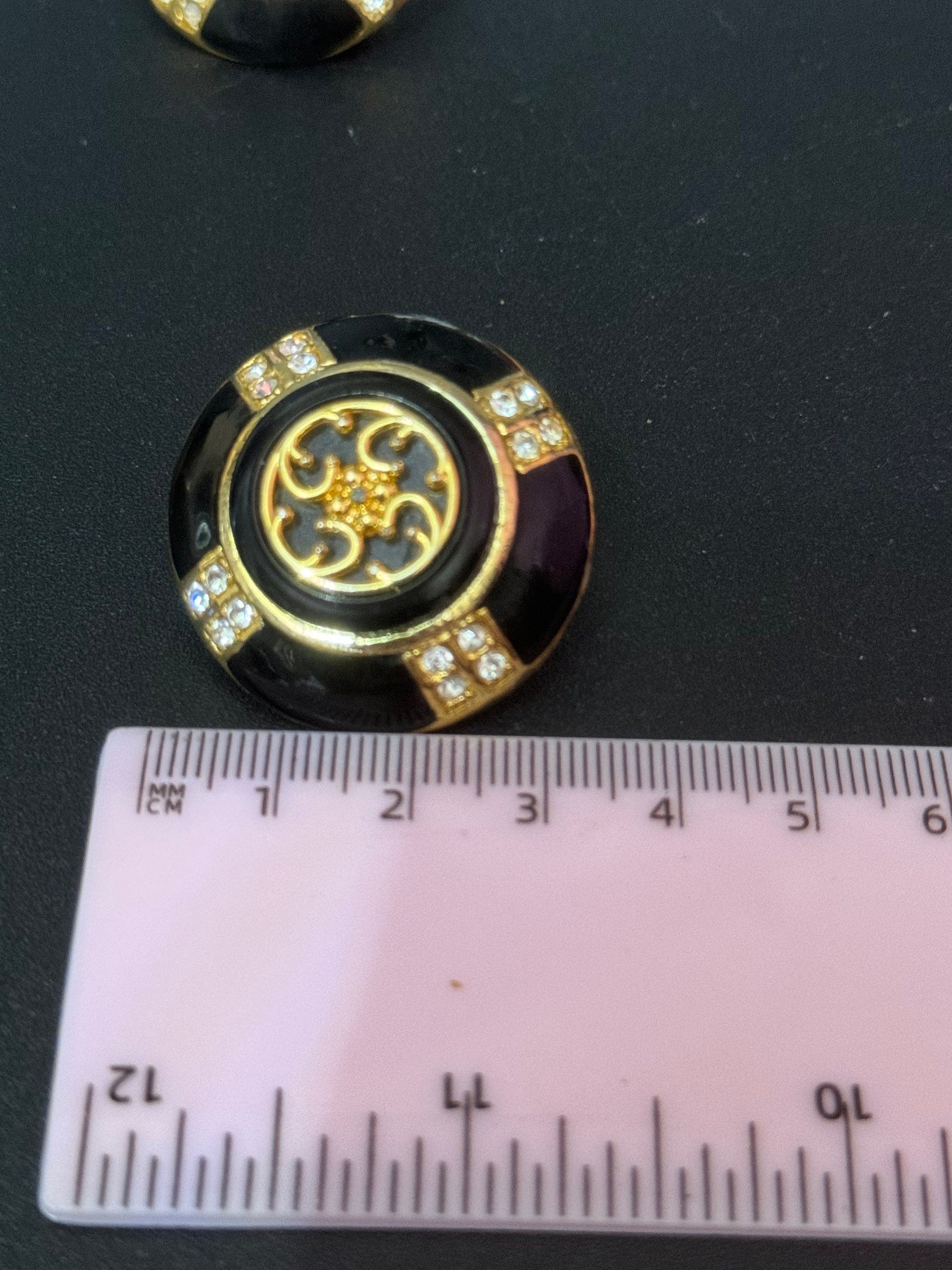 Oversized large black enamel gold statement diamanté clip on stud earrings