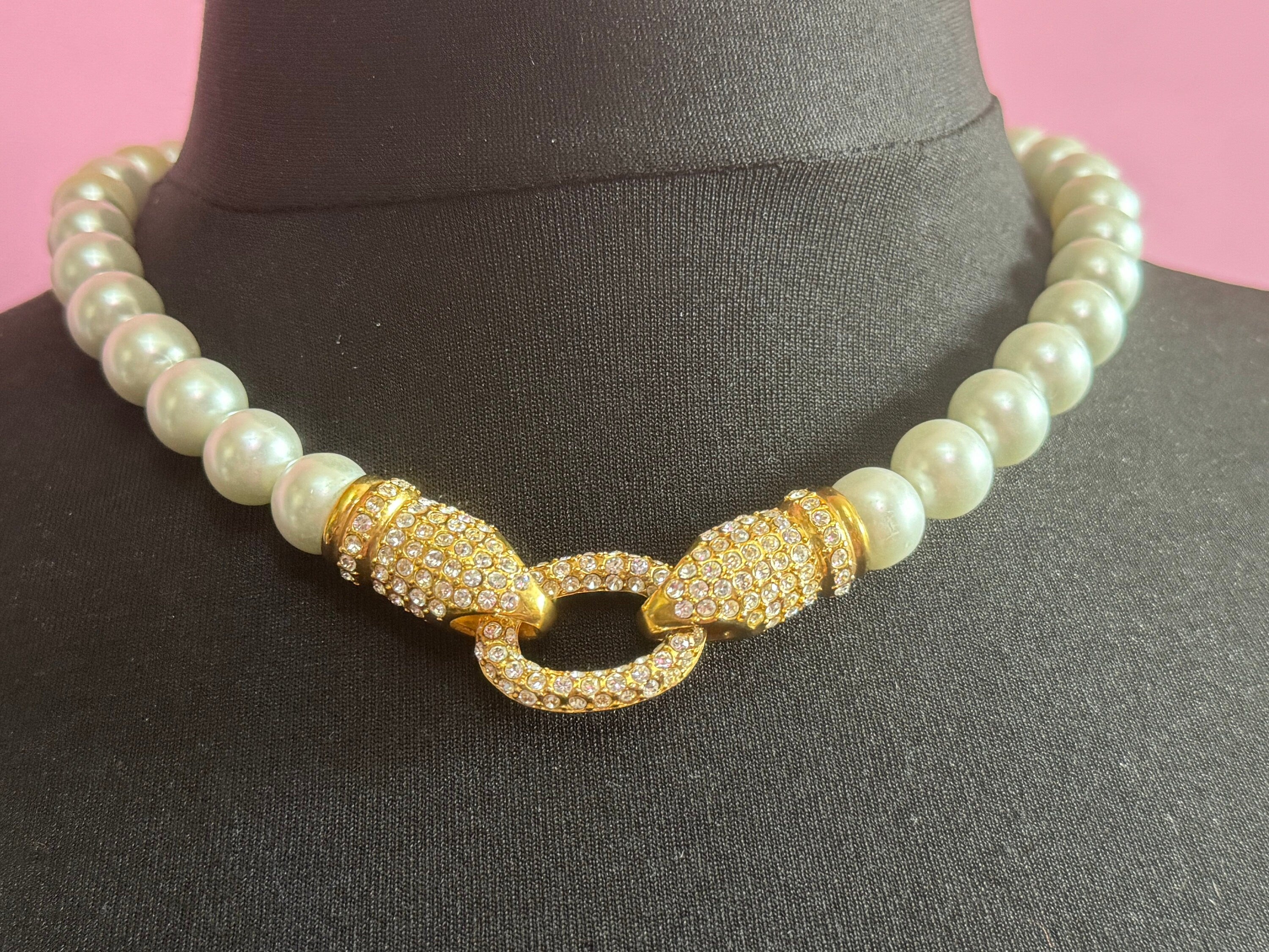 retro chunky faux 1cm glass Pearl necklace with diamanté detail 48cm