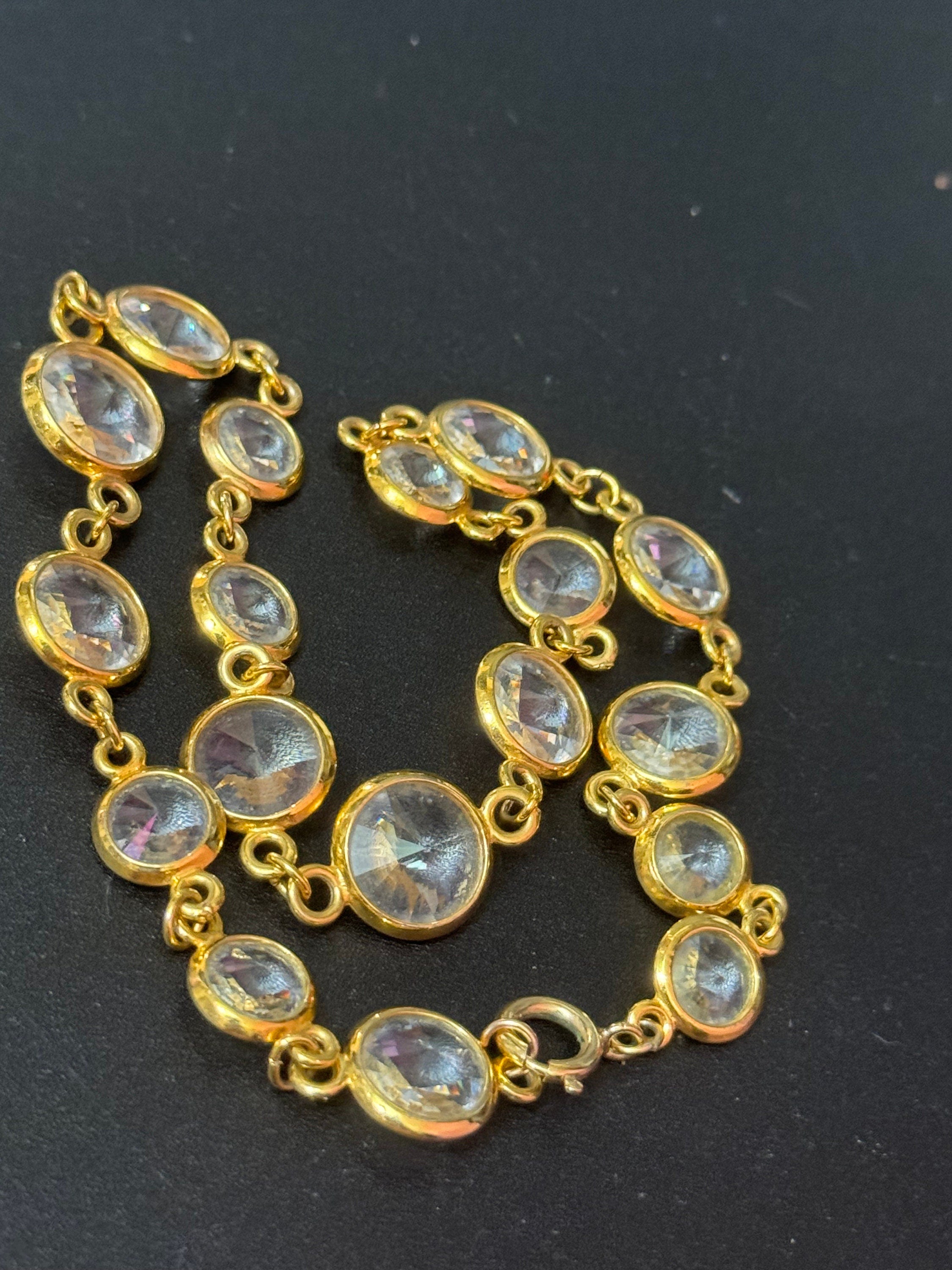Petite retro rivoli glass bezel set clear gold tone rivière diamanté necklace 38cm