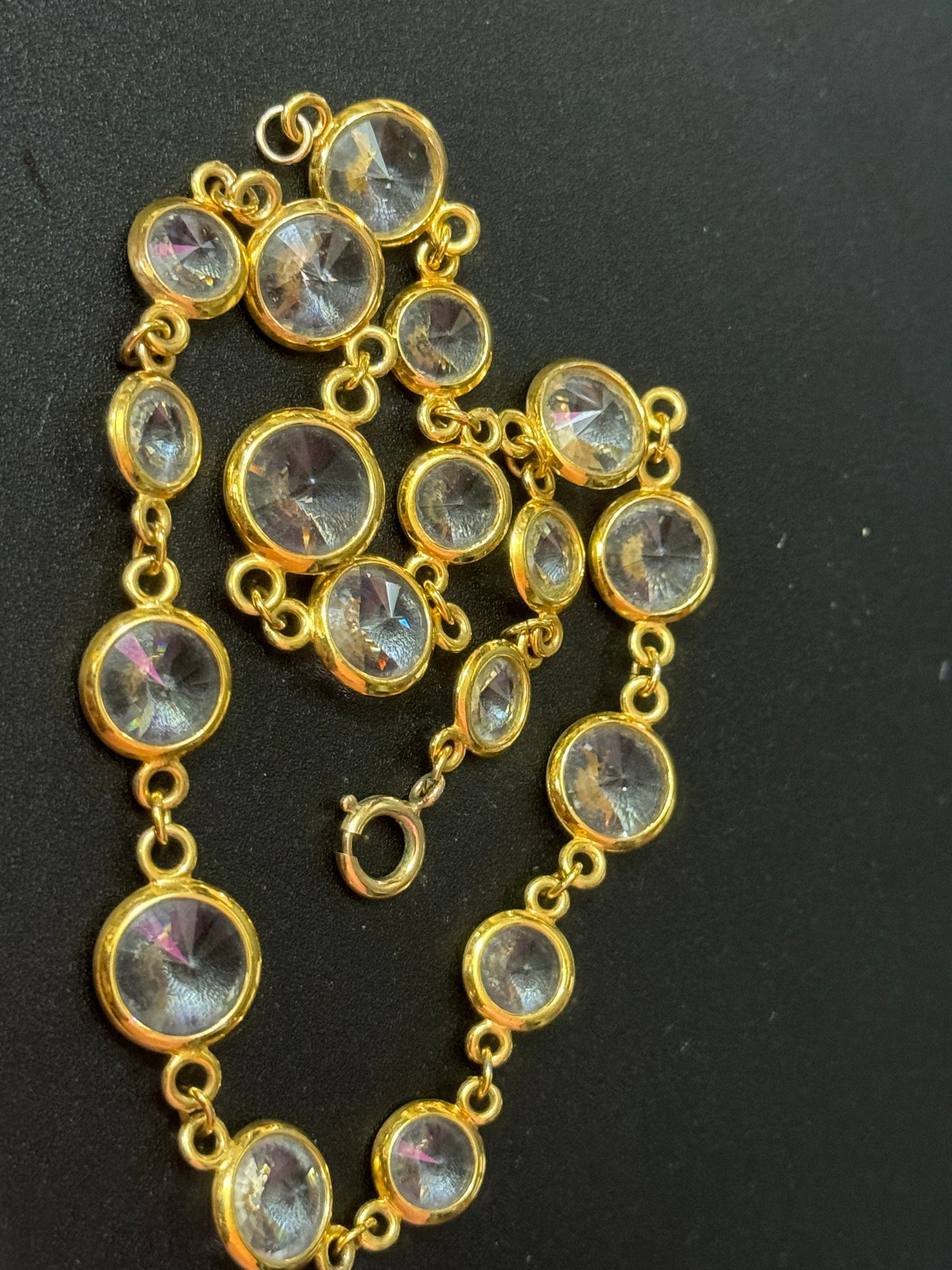 Petite retro rivoli glass bezel set clear gold tone rivière diamanté necklace 38cm