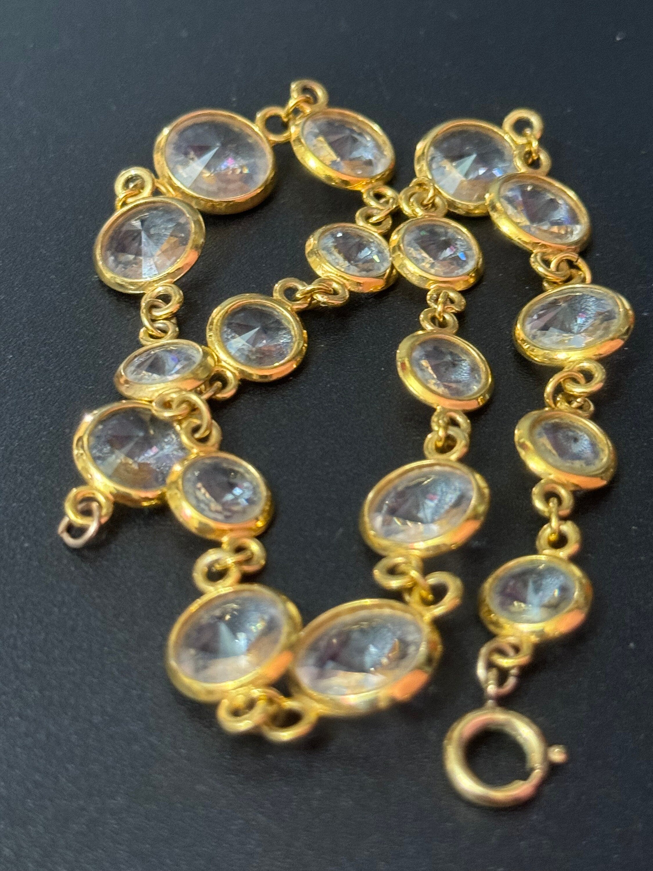 Petite retro rivoli glass bezel set clear gold tone rivière diamanté necklace 38cm