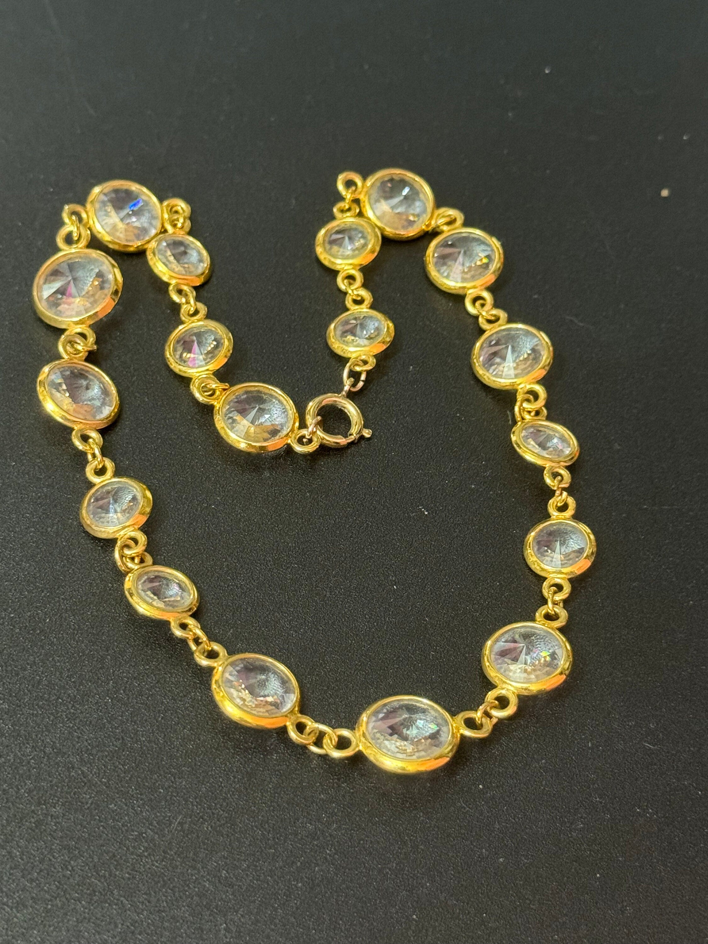 Petite retro rivoli glass bezel set clear gold tone rivière diamanté necklace 38cm