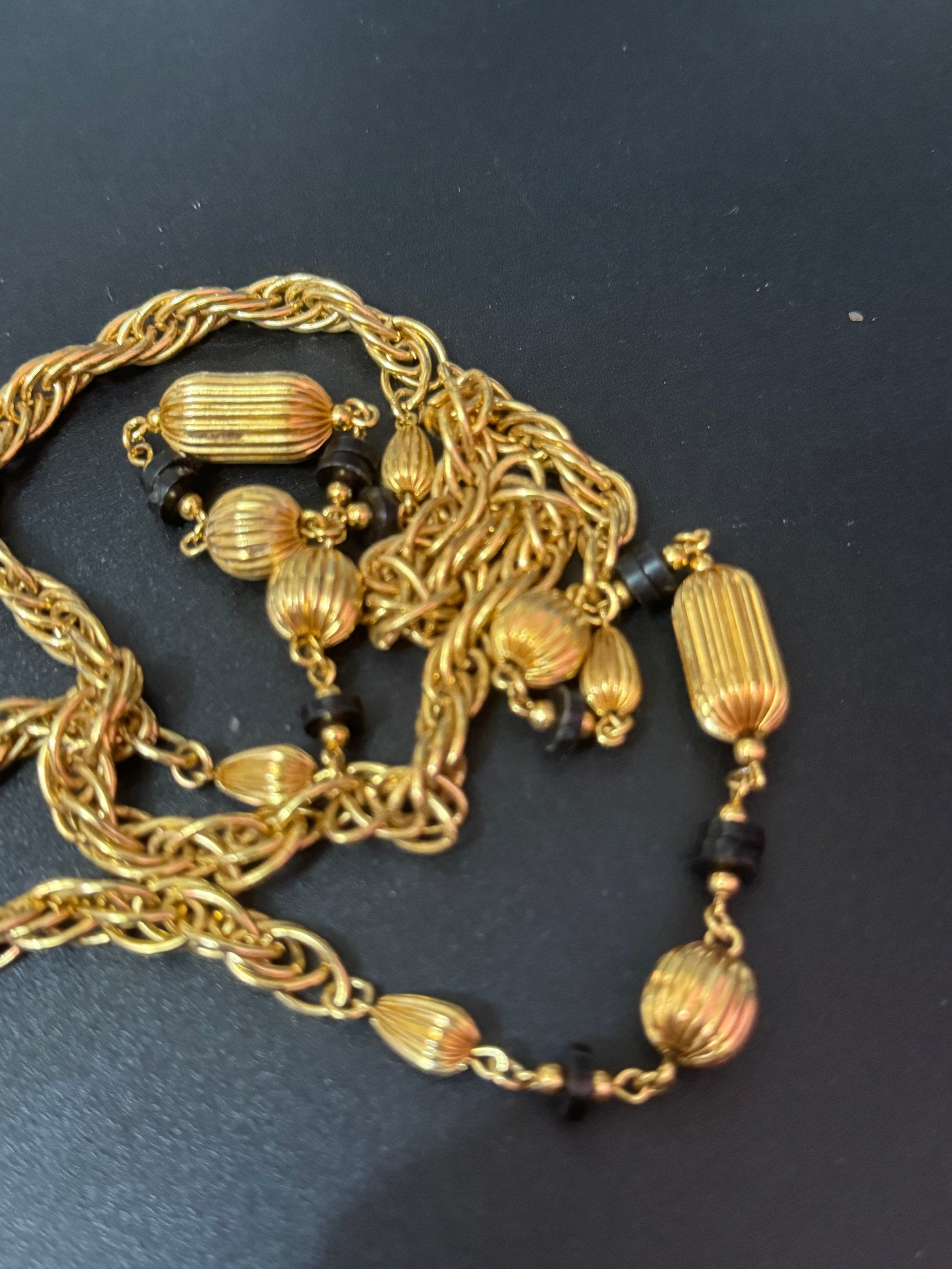 Vintage black beaded station necklace long gold tone rope chain 76cm
