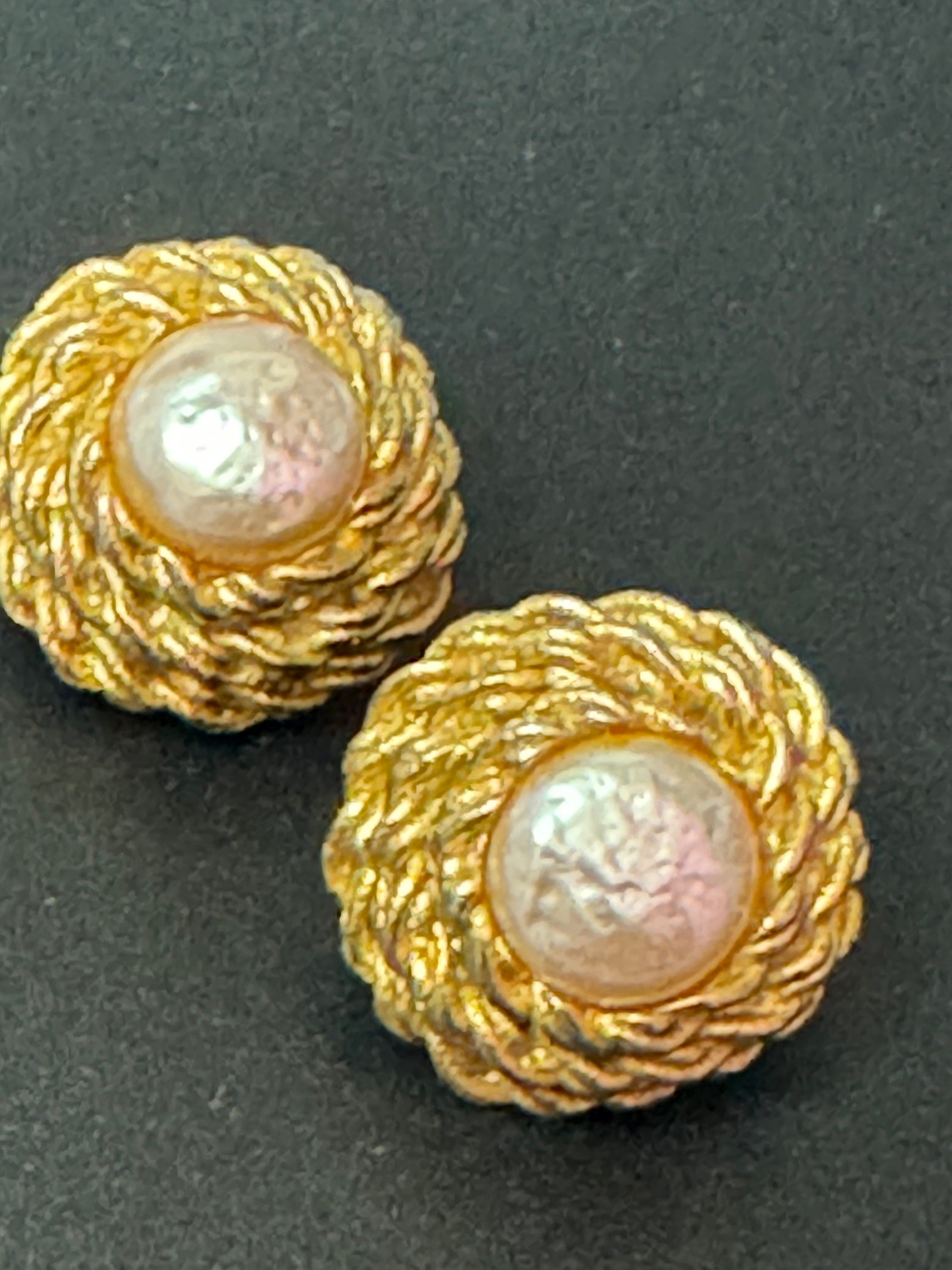 Vintage French gold tone ornate round glass faux pearl clip on Stud button earrings