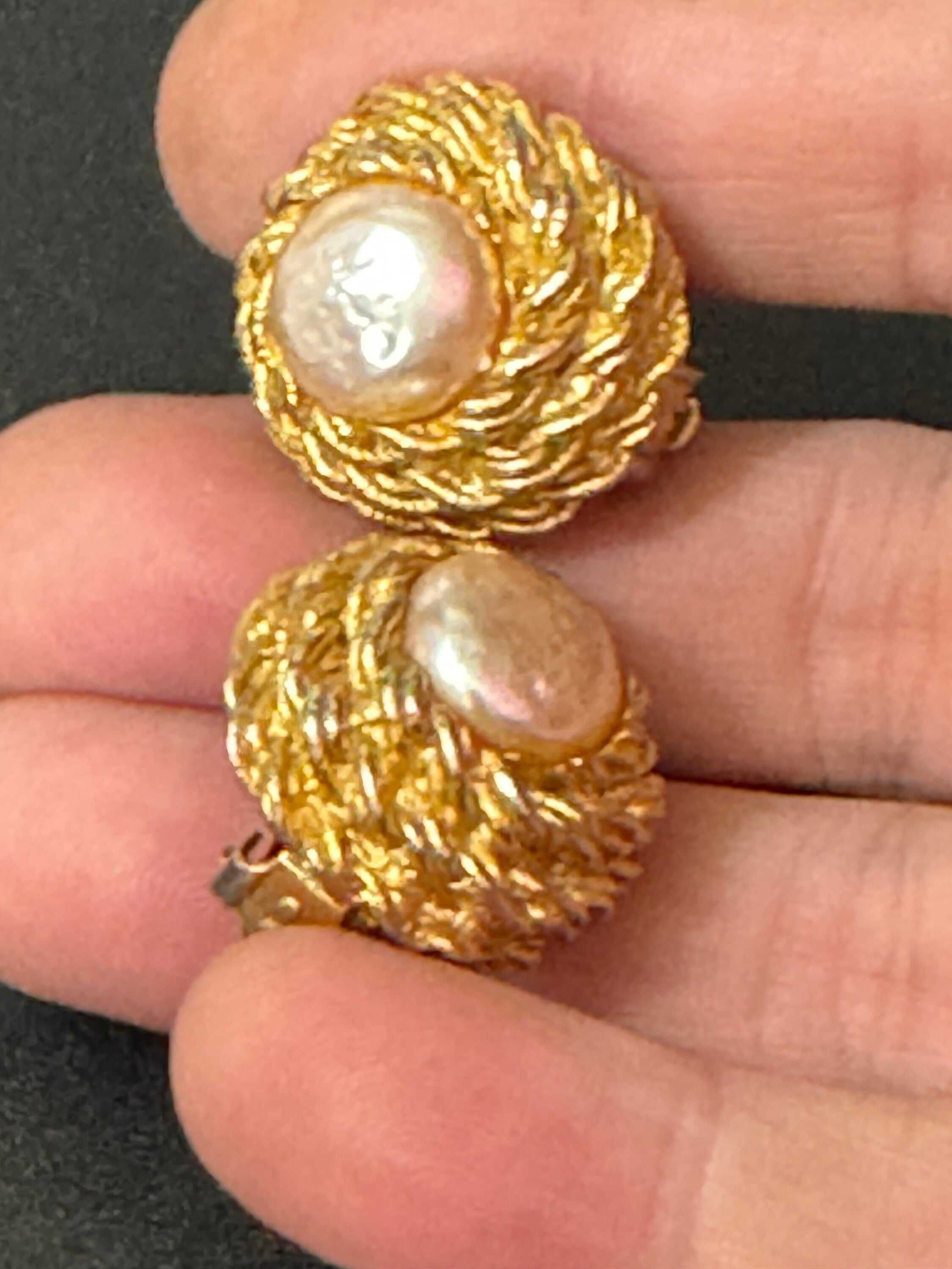 Vintage French gold tone ornate round glass faux pearl clip on Stud button earrings