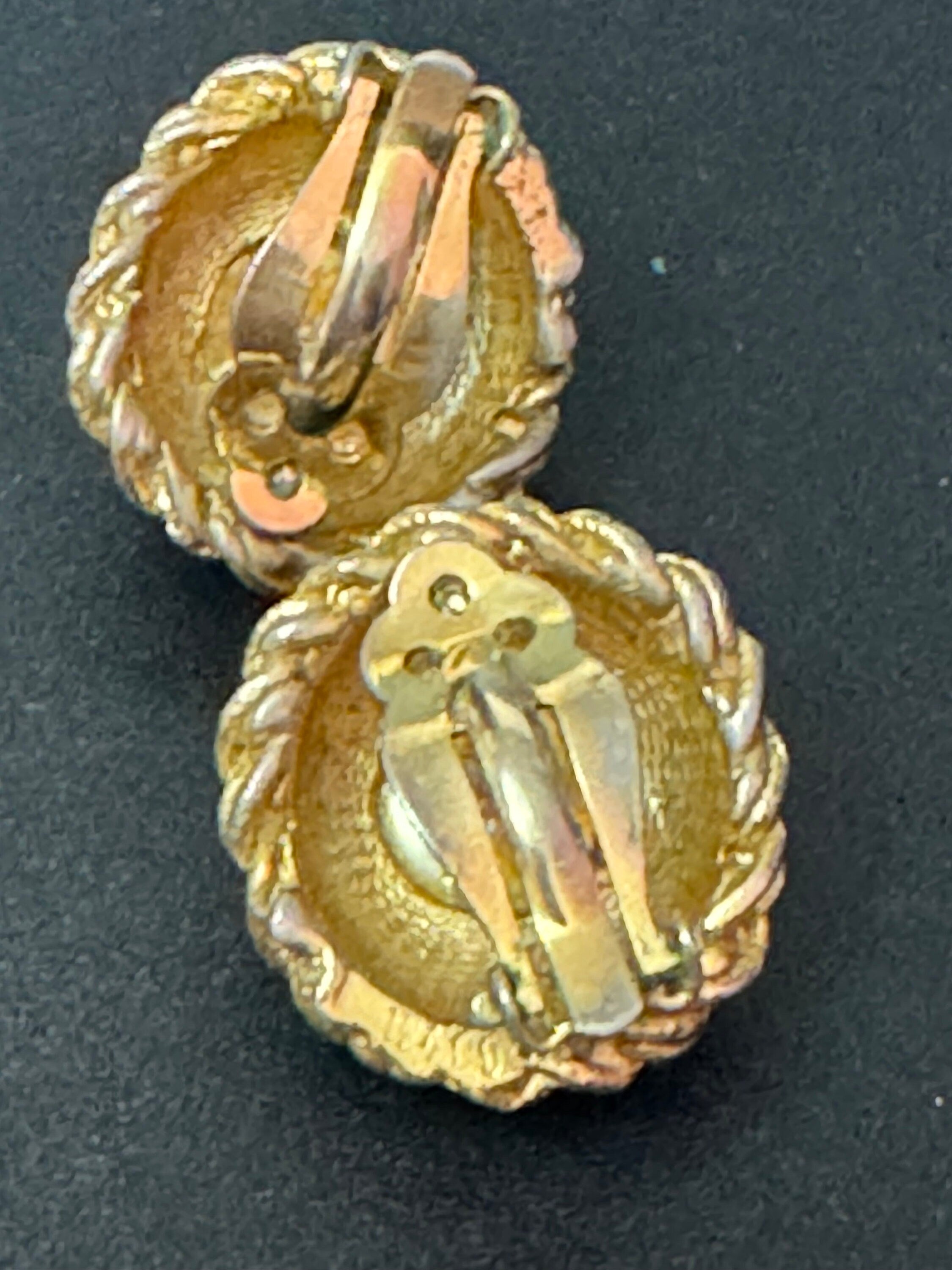 Vintage French gold tone ornate round glass faux pearl clip on Stud button earrings