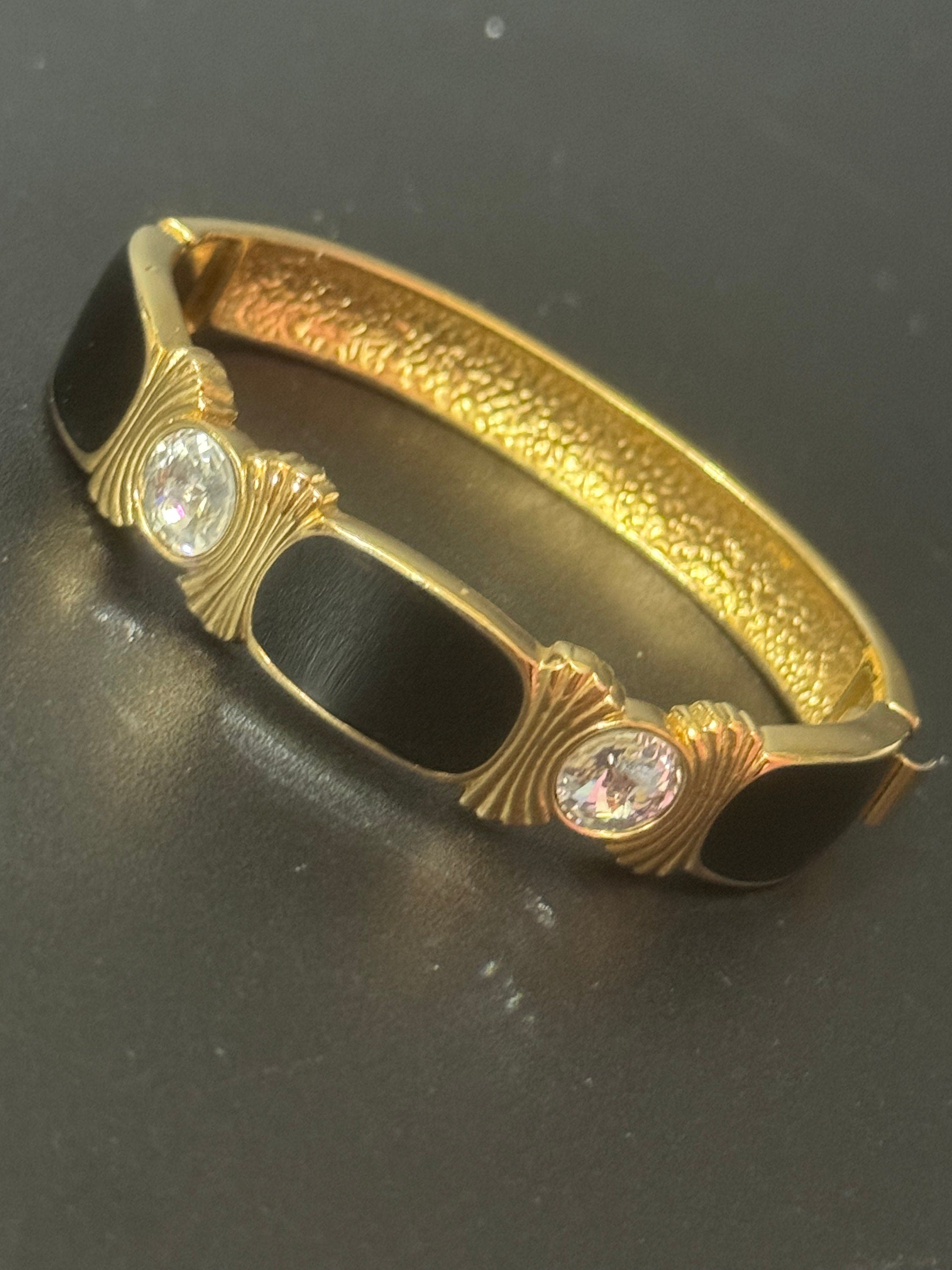 Signed BG Berghorf Goodman Wide Black enamel and clear diamanté clamper bangle