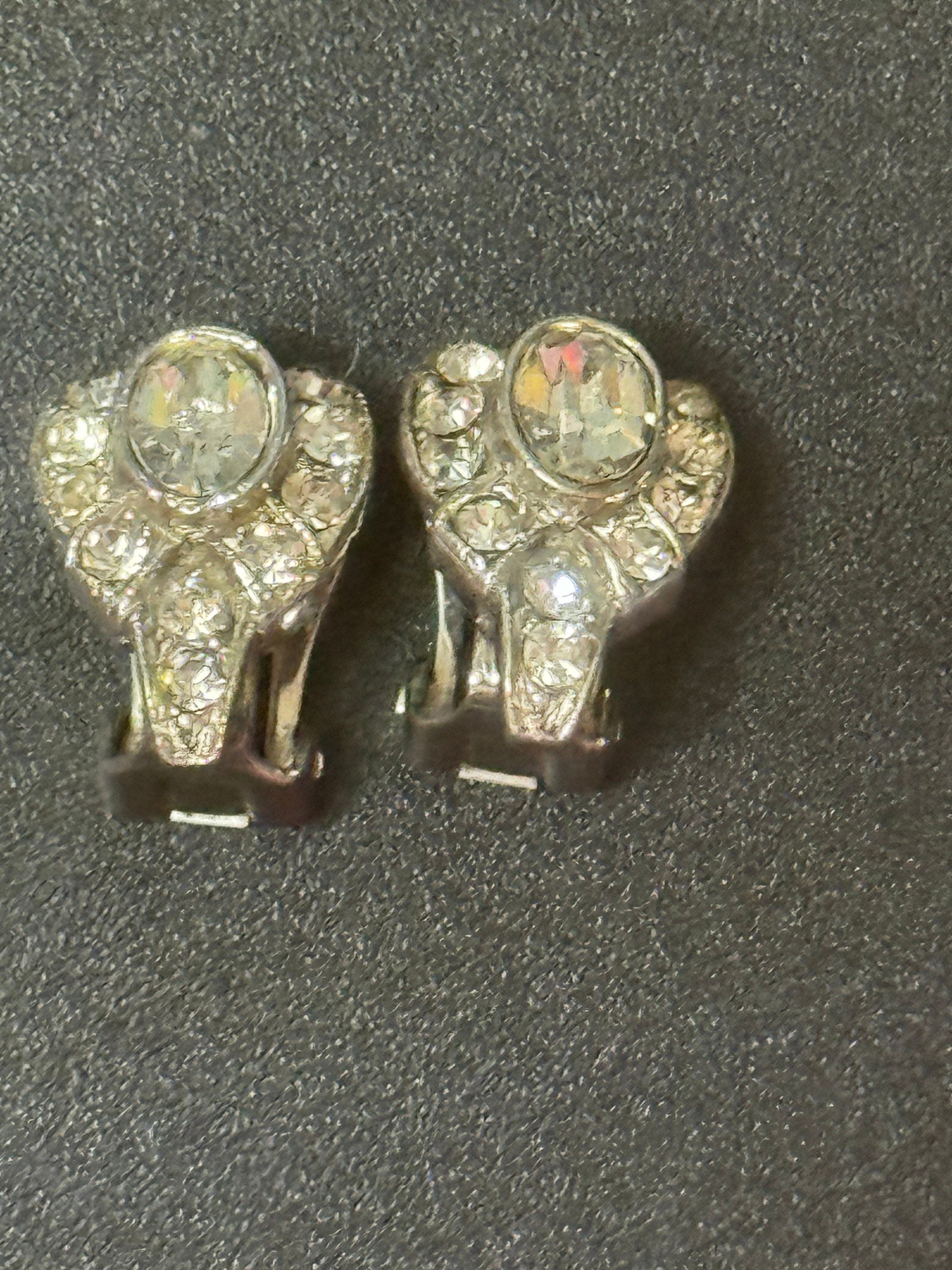 Signed REINAD high end silver tone clip on Stud button earrings clear diamanté