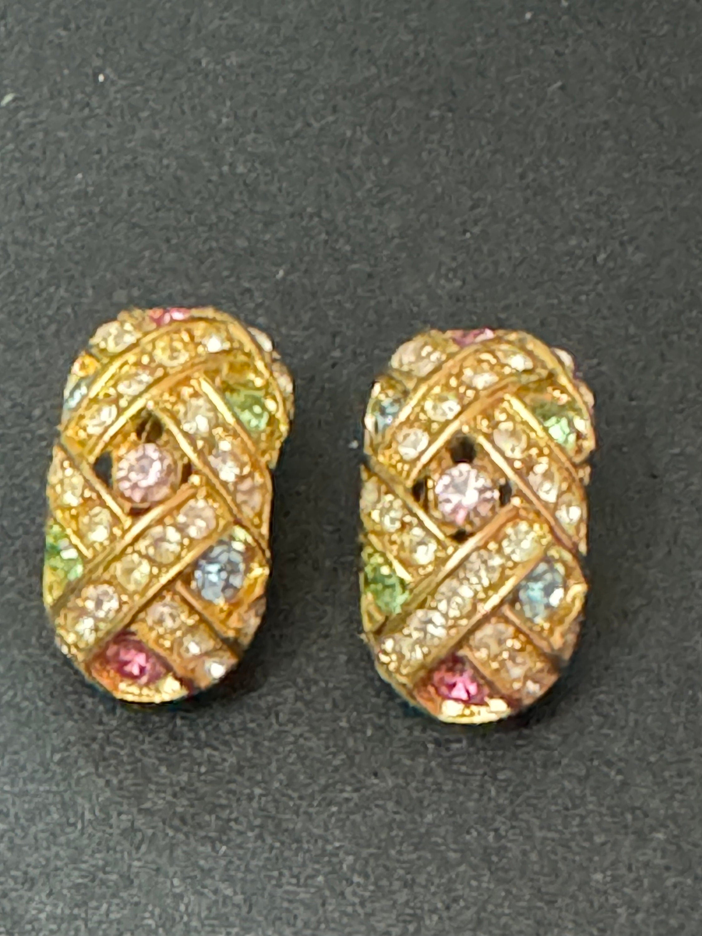 Signed Joan rivers gold tone clip on stud earrings  big clear pastel rainbow glass crystal stones high end