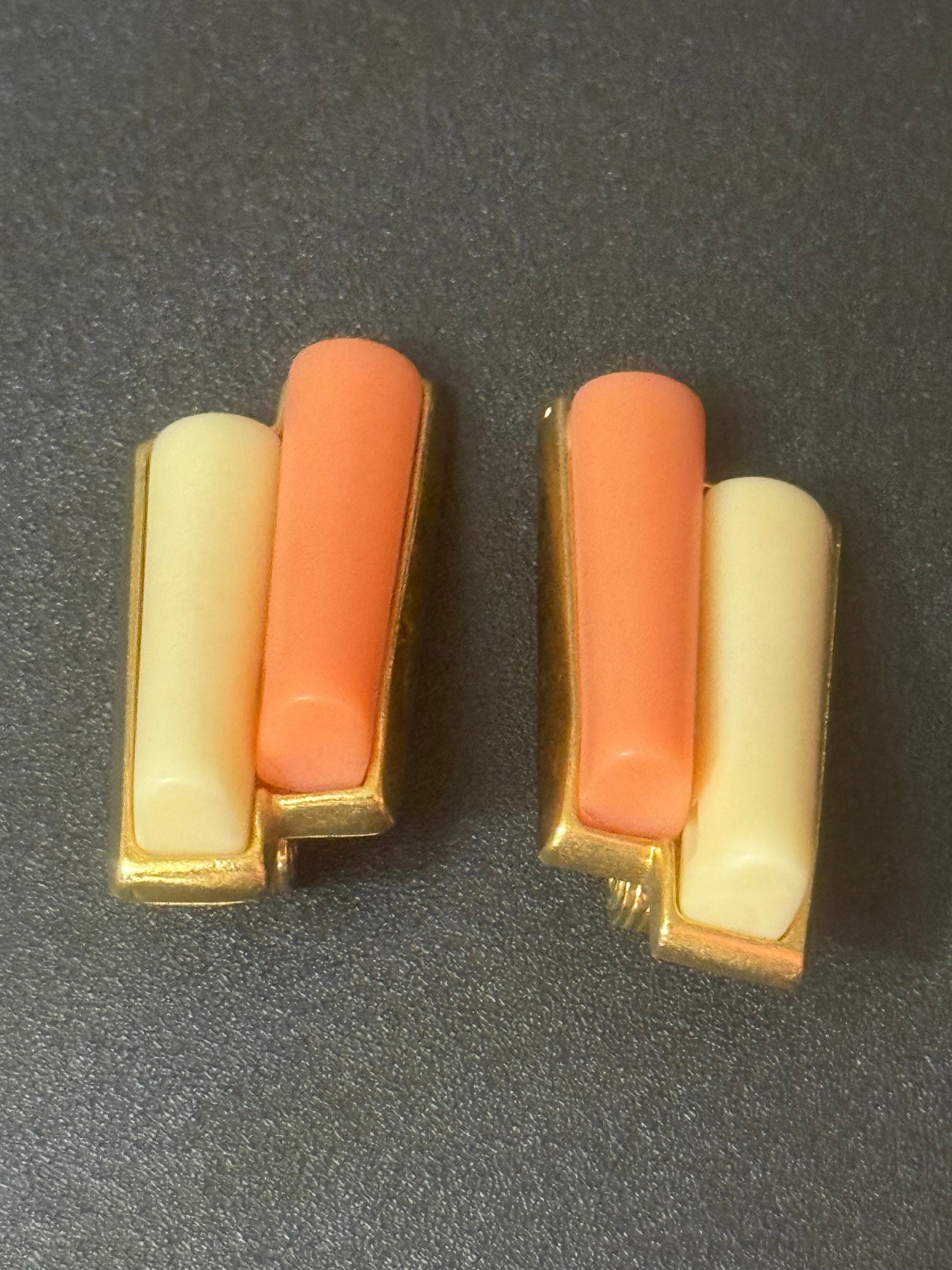 Signed MONET Gold tone orange salmon and Cream acrylic 3.75cm clip on earrings