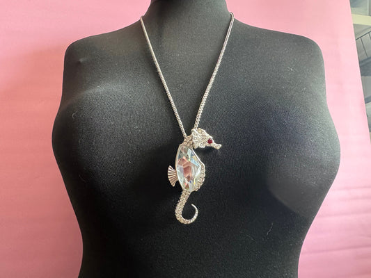 Signed Kenneth lane Silver plated large nautical crystal seahorse pendant on 75cm cable chain necklace