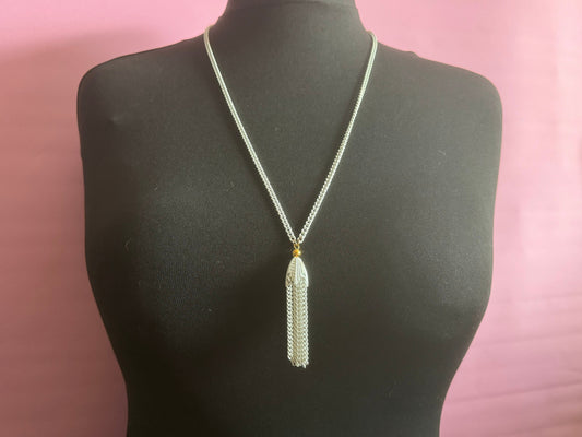 Signed MONET designer White Enamel tassel pendant gold tone drop necklace 72cm