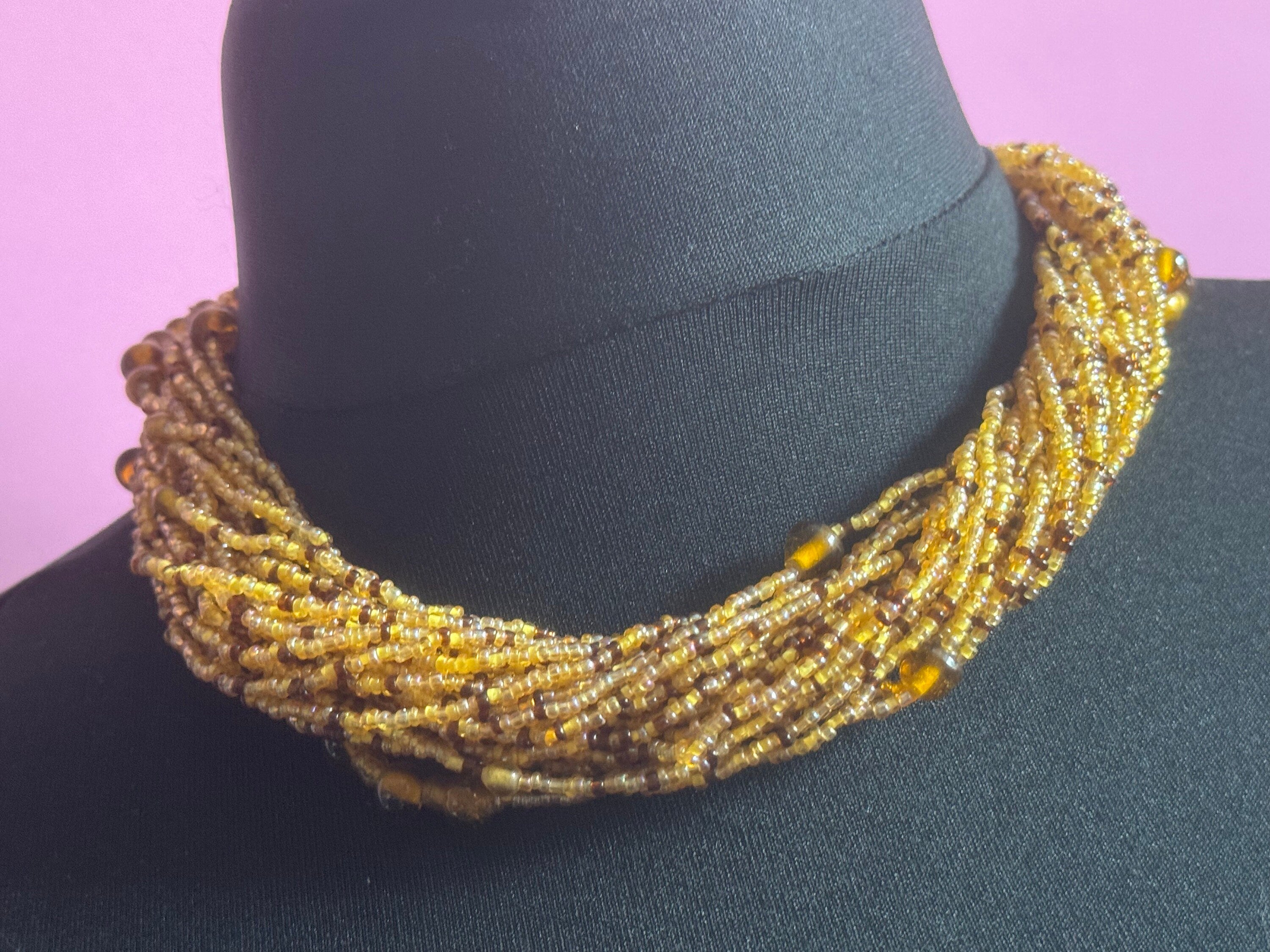 Signed Joan rivers Vintage brown bronze glass seed bead twisted multi-strand choker necklace