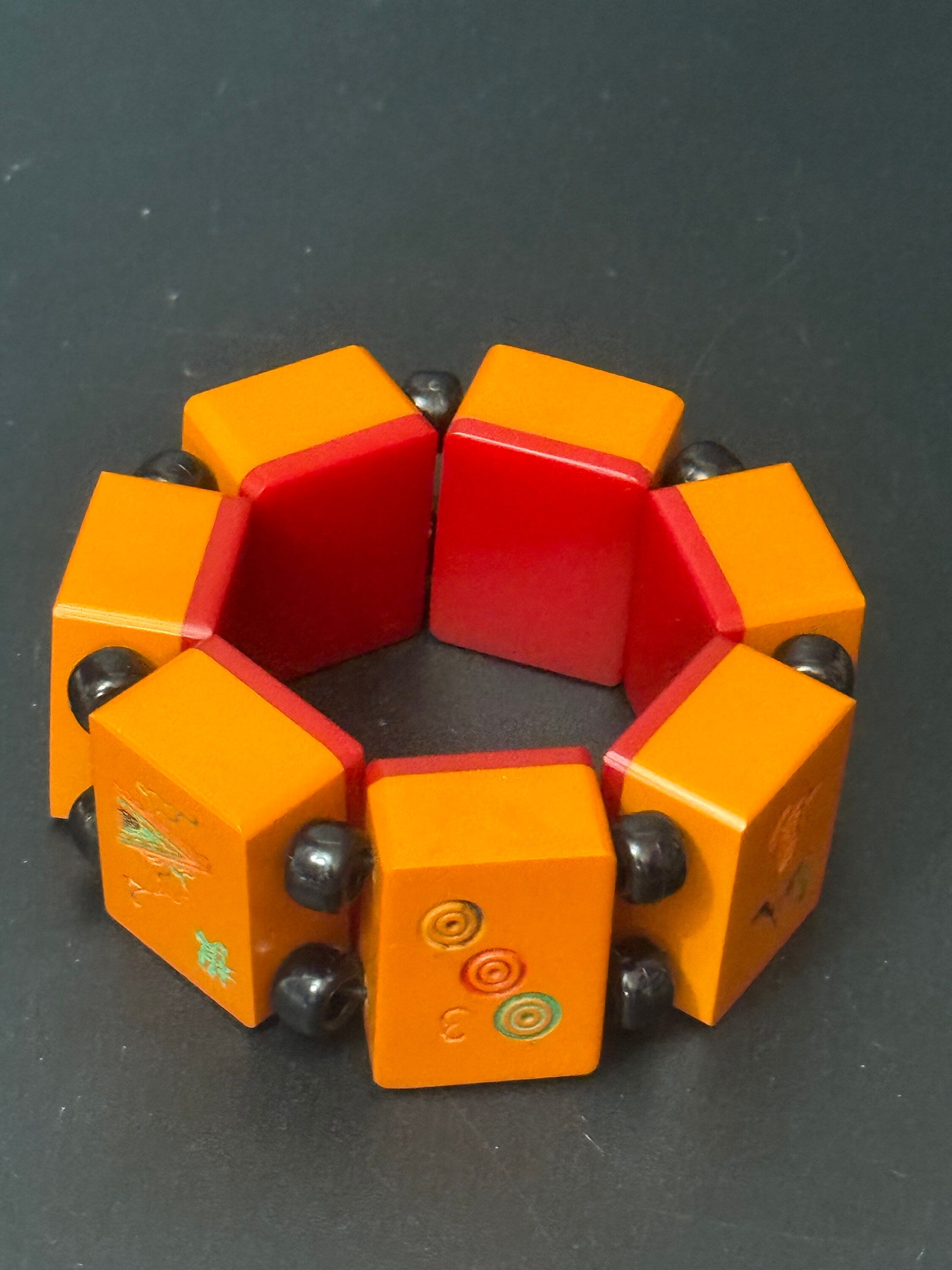 Art deco red and yellow Bakelite vintage beaded mahjong bracelet