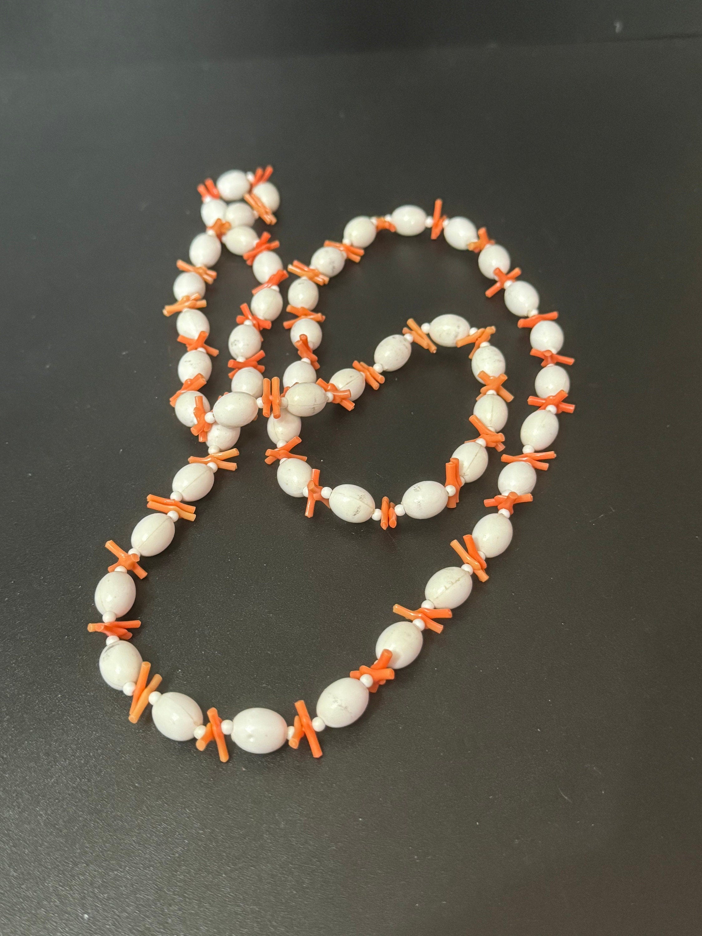 100cm vintage Stick Branch Orange FAUX Coral and white oval beaded plastic necklace