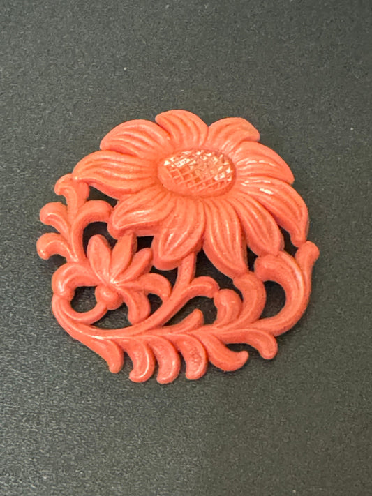 Early Plastic Art Deco orange carved floral brooch pin 1920s 1930s Antique Vintage celluloid Kitsch