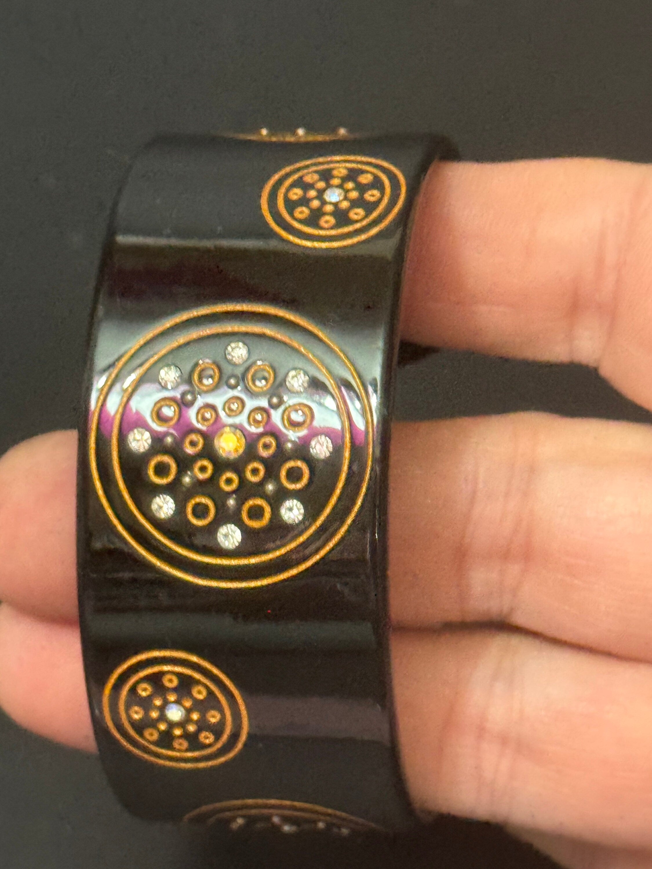 retro black and gold geometric aurora borealis open cuff bangle bracelet