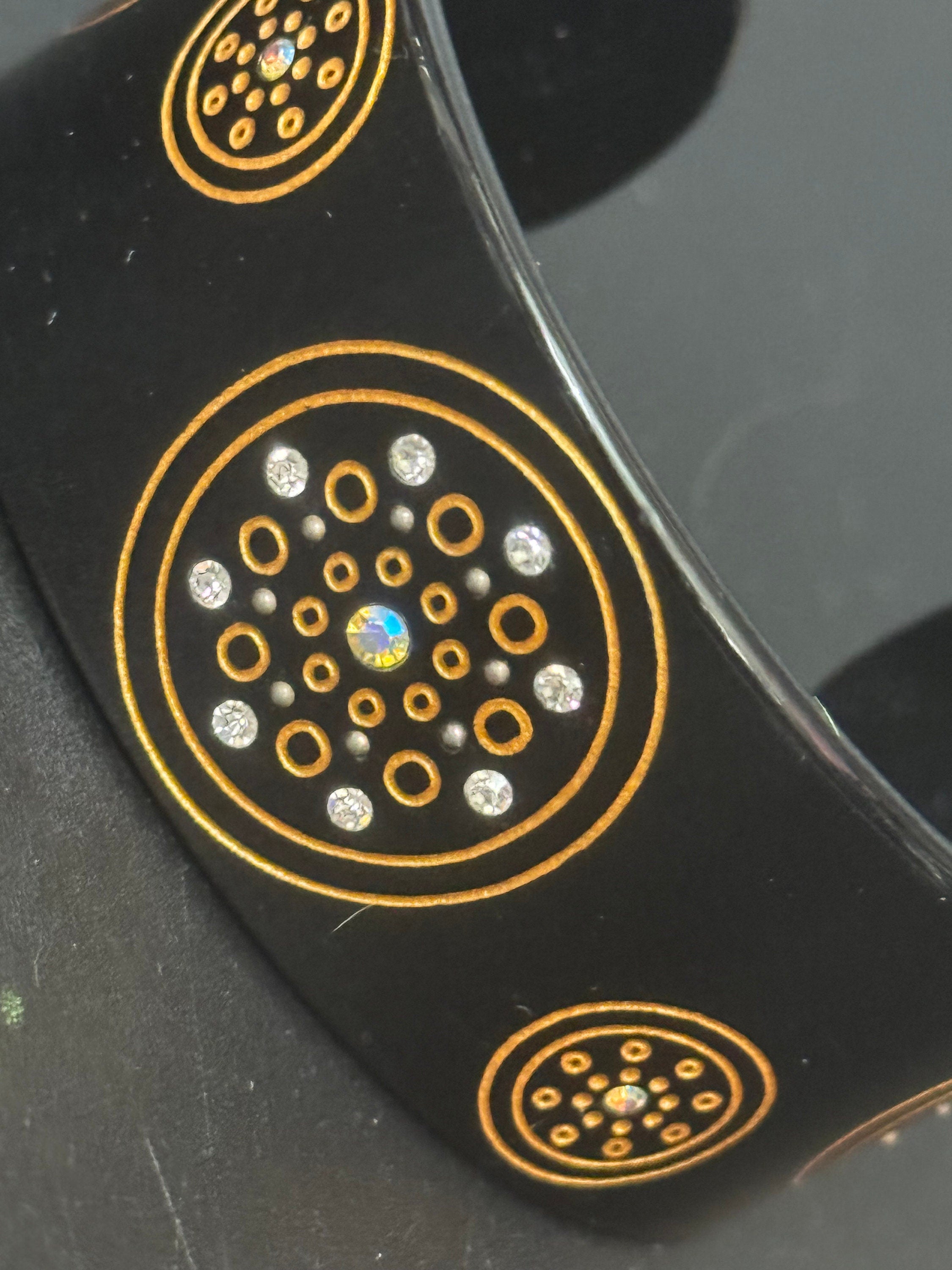 retro black and gold geometric aurora borealis open cuff bangle bracelet