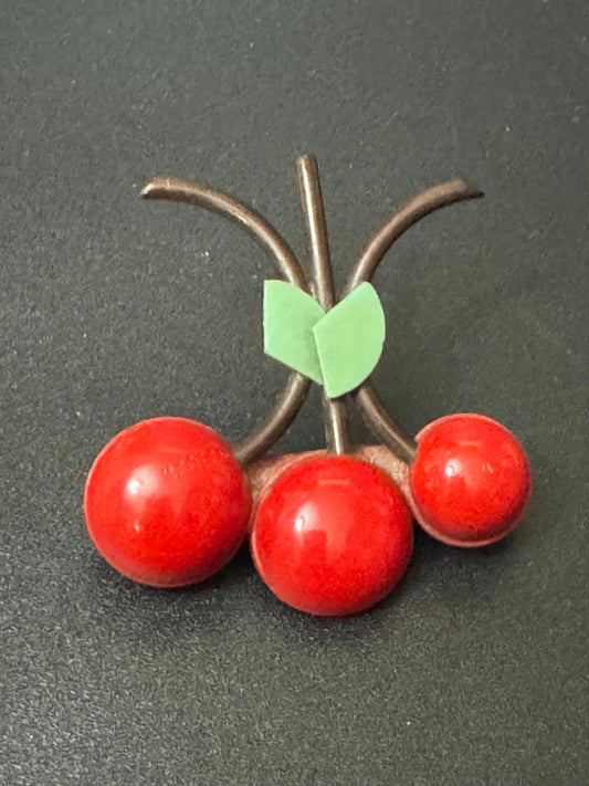 Vintage Stylish red green pair of cherries brooch early plastic