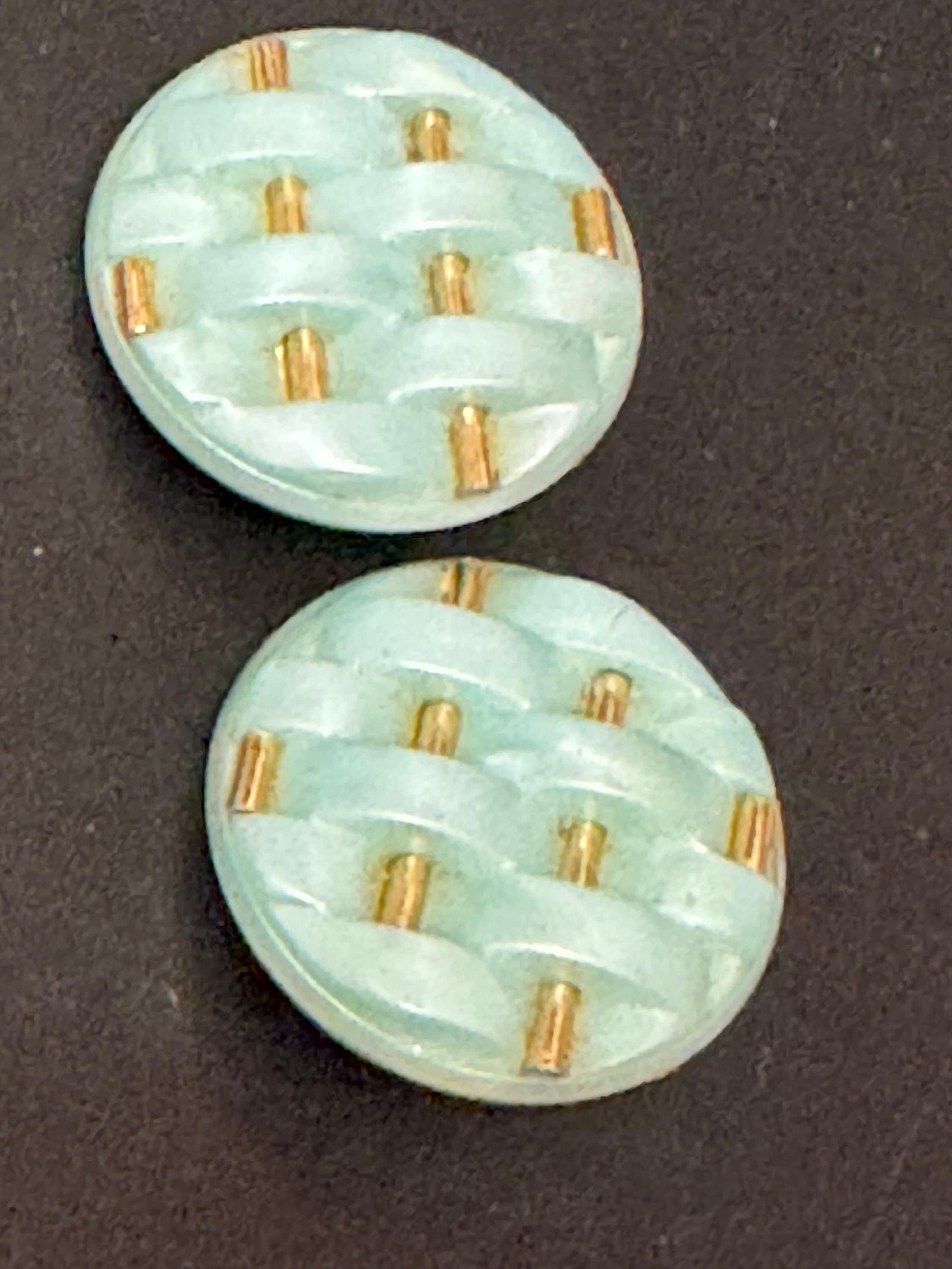 Vintage turquoise blue and gold woven plastic button Clip On Earrings