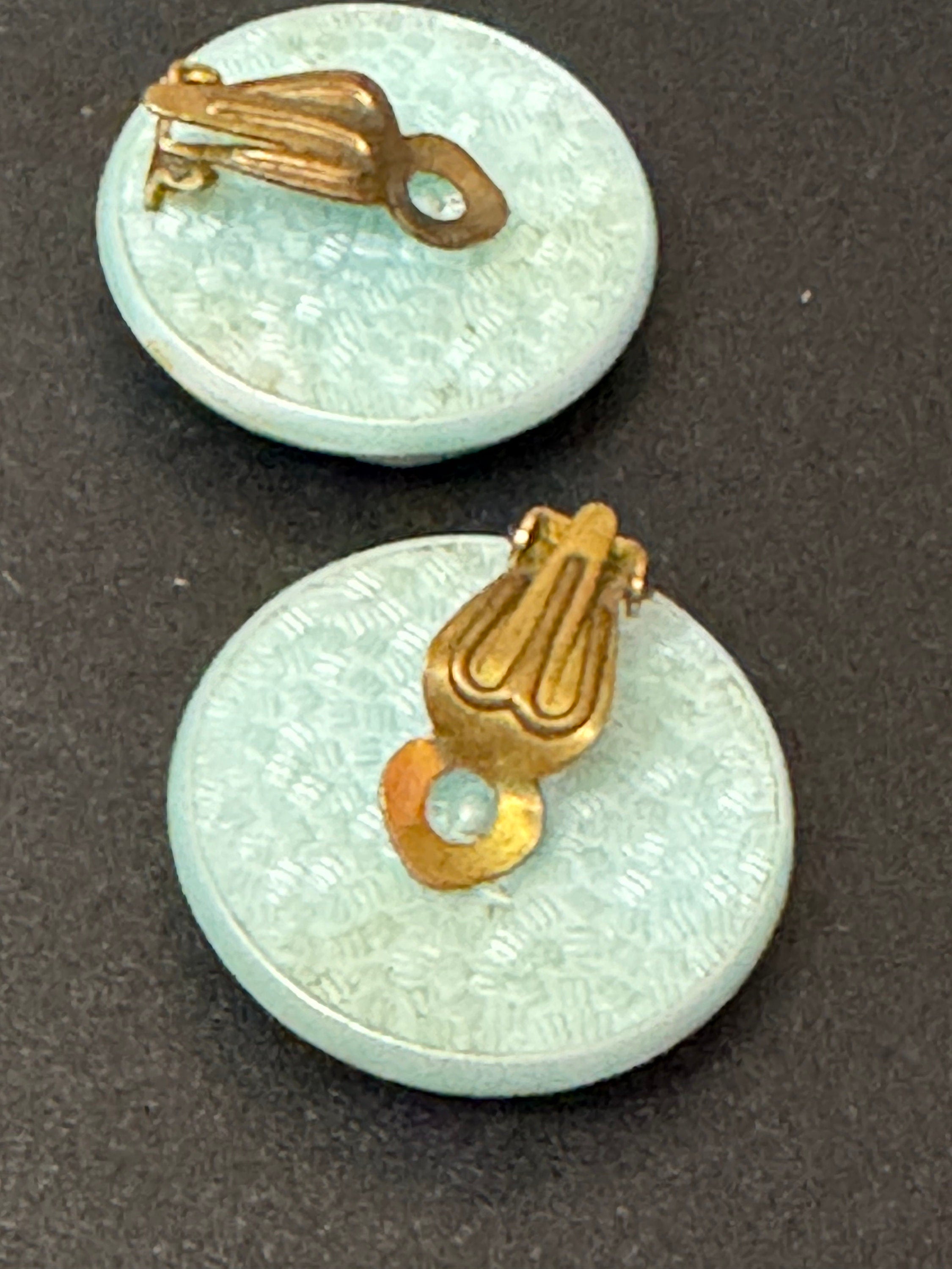 Vintage turquoise blue and gold woven plastic button Clip On Earrings