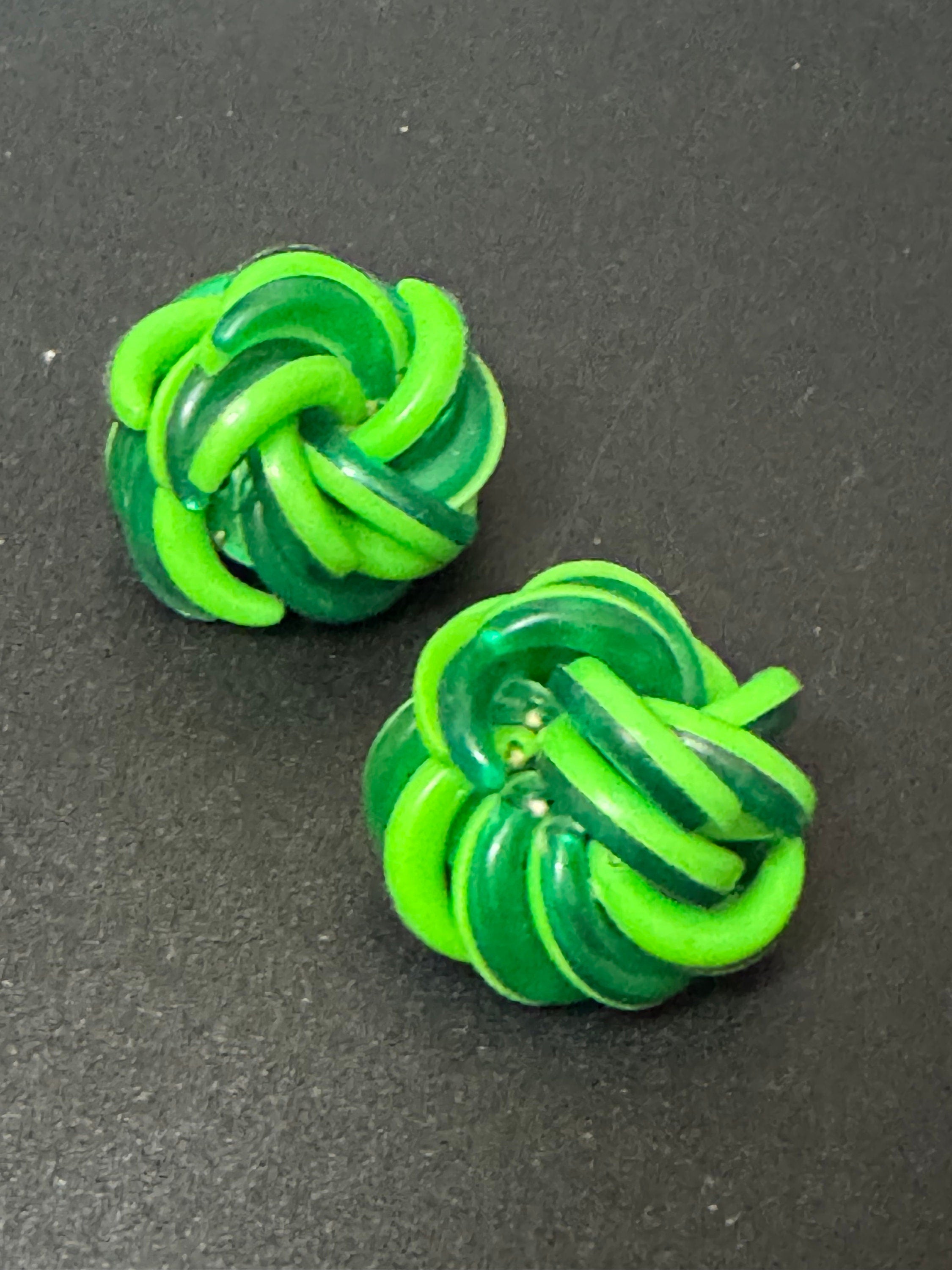 Vintage Funky plastic bright lime and pea green domed woven knot button Clip On Earrings