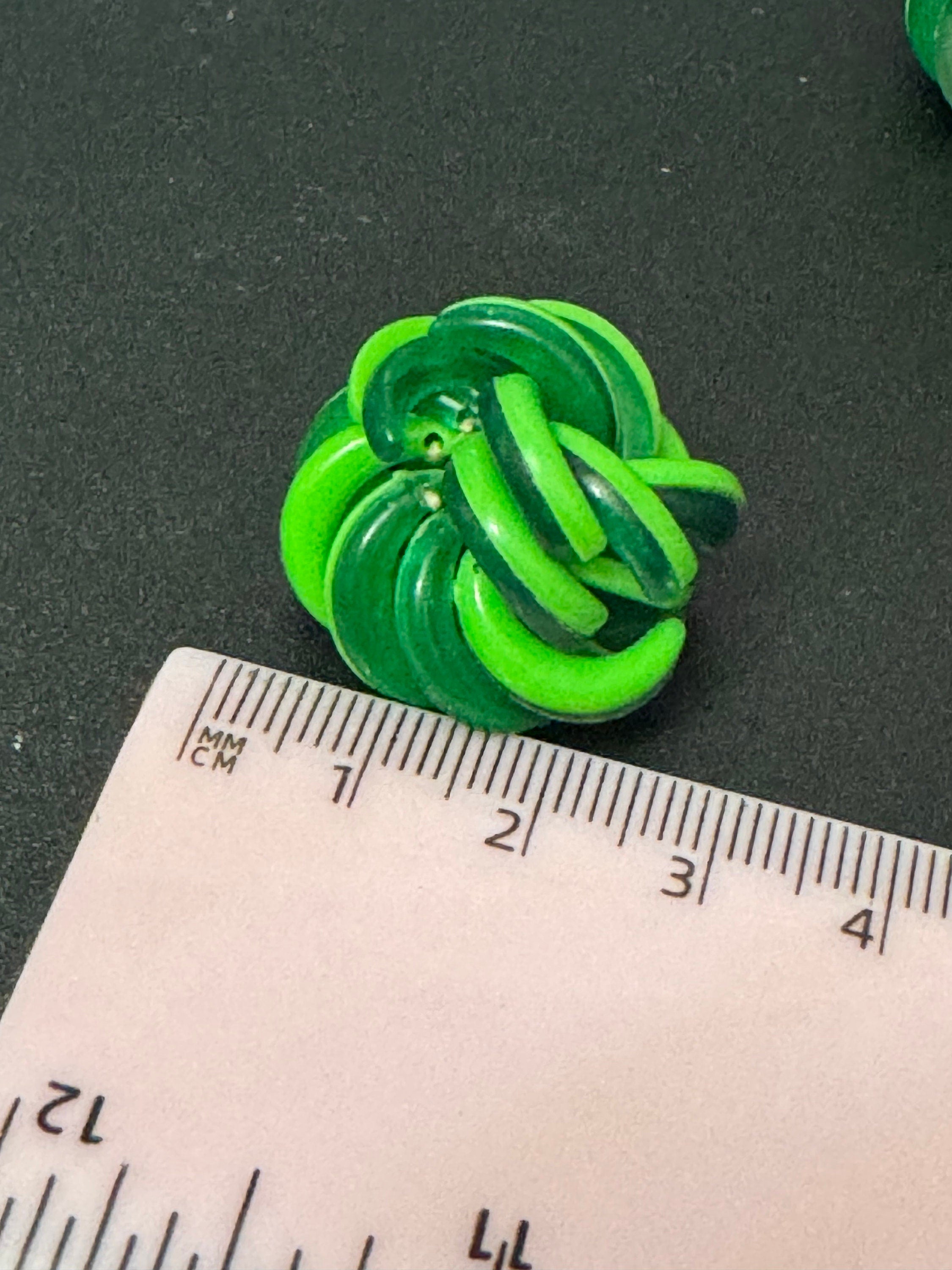 Vintage Funky plastic bright lime and pea green domed woven knot button Clip On Earrings