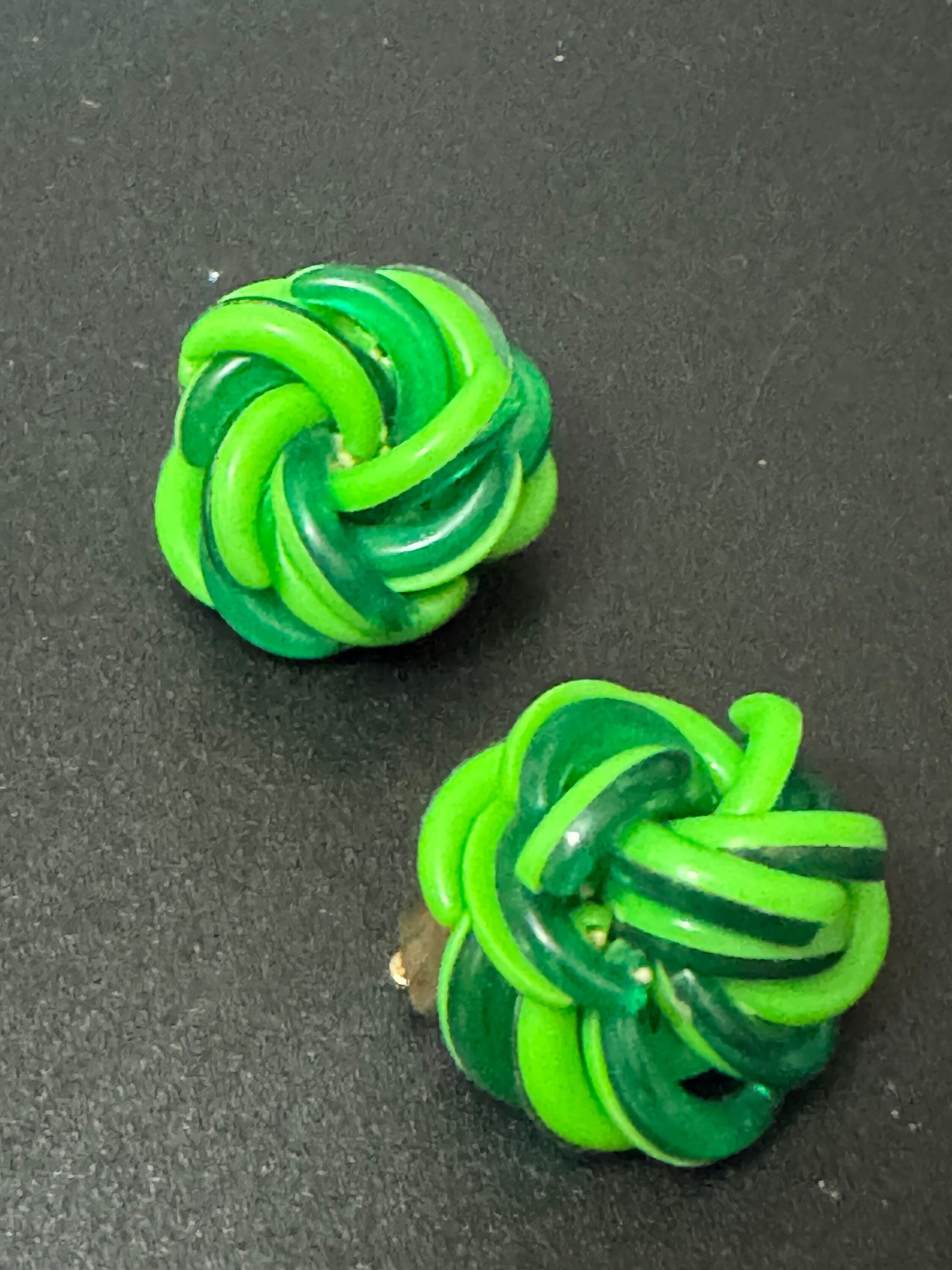 Vintage Funky plastic bright lime and pea green domed woven knot button Clip On Earrings