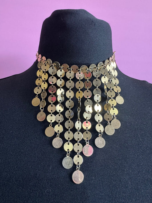 Petite fit plus igned COROCRAFT round disc chainmail bib necklace vintage gold tone