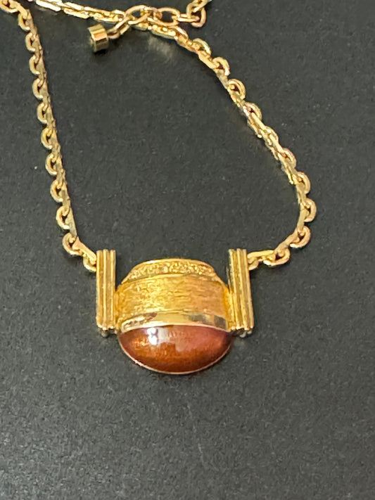Signed ORENA Paris designer Vintage gold tone and brown enamel pendant necklace 43cm