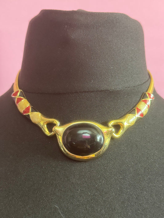 Signed BERCS Australia vintage gold tone red and black enamel oval cabochon omega chain link choker necklace 42.5cm