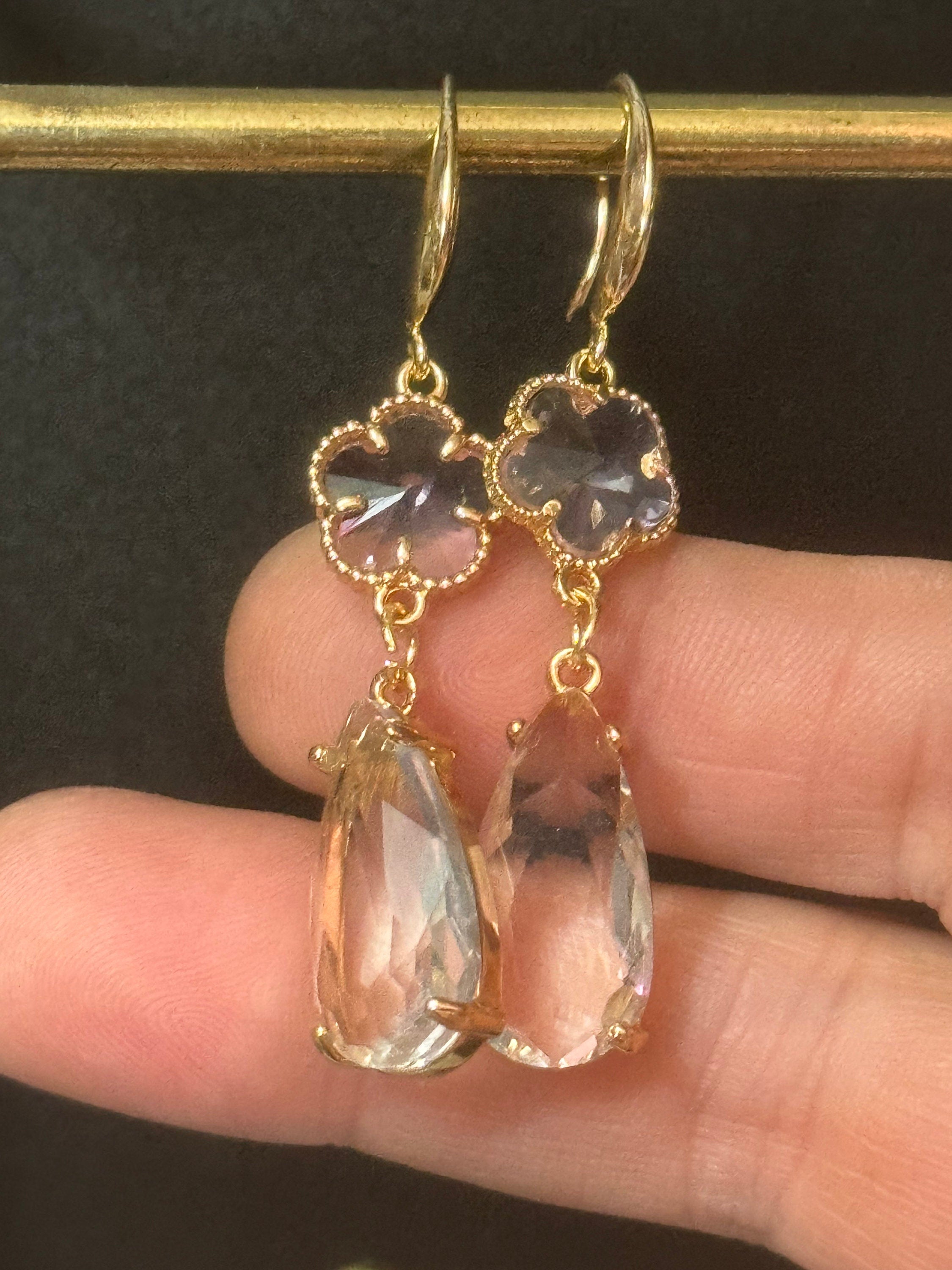 18k Gold plated pink and clear crystal glass clear diamanté teardrop clover earrings