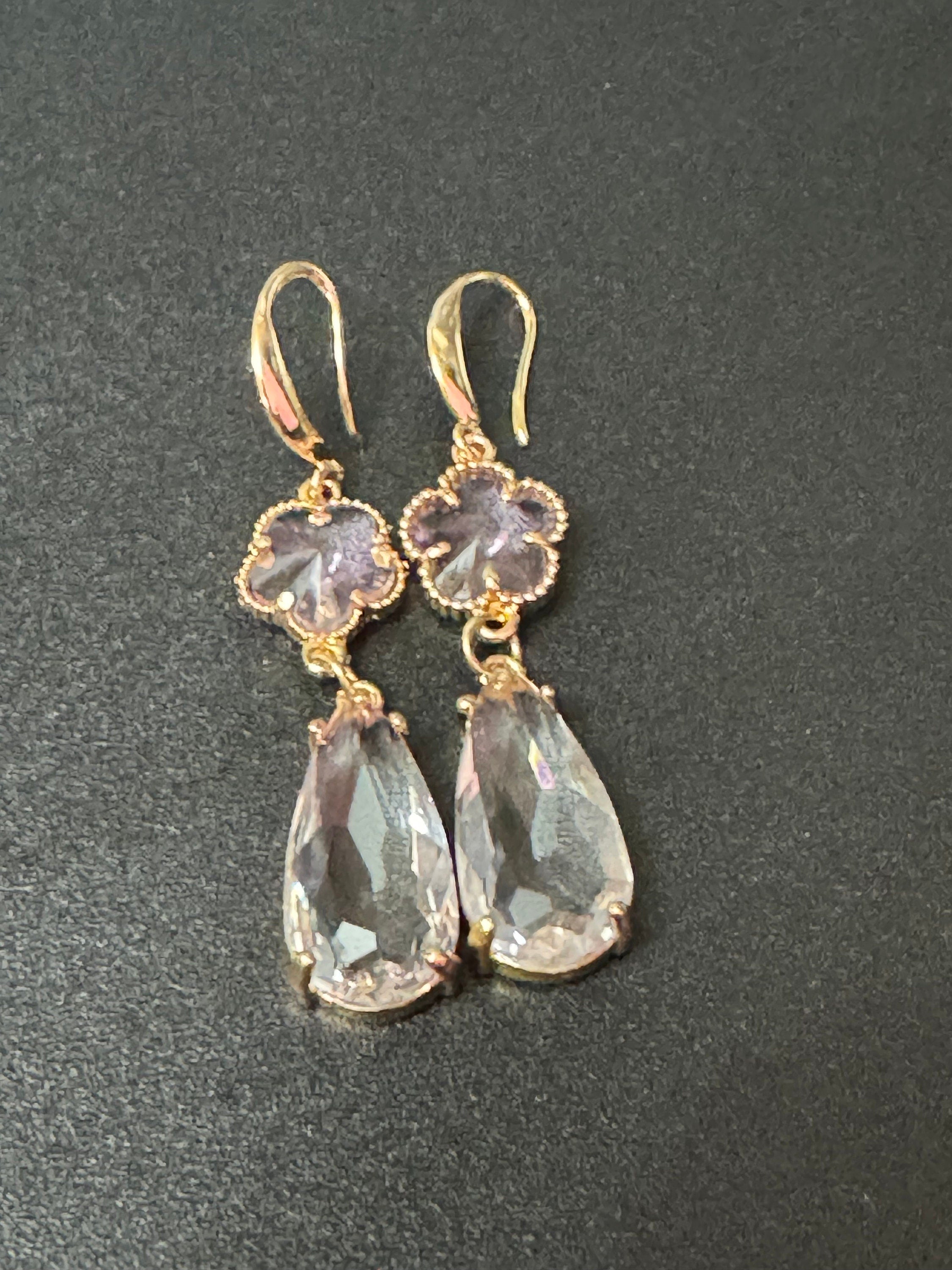 18k Gold plated pink and clear crystal glass clear diamanté teardrop clover earrings
