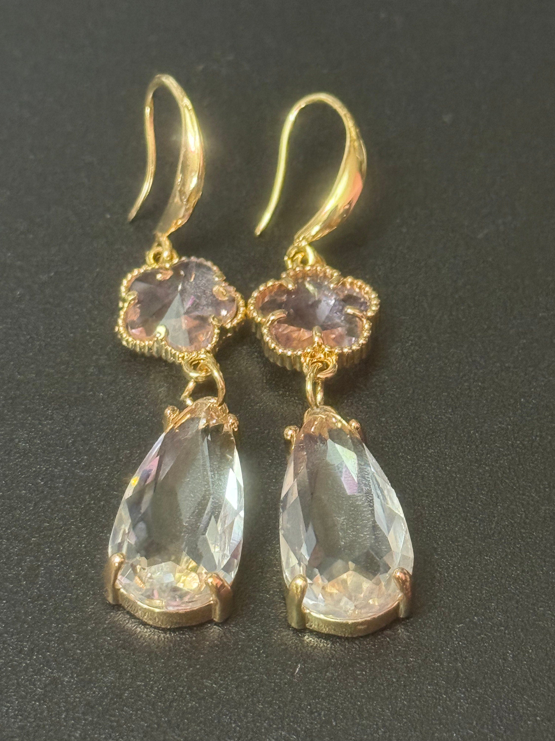 18k Gold plated pink and clear crystal glass clear diamanté teardrop clover earrings