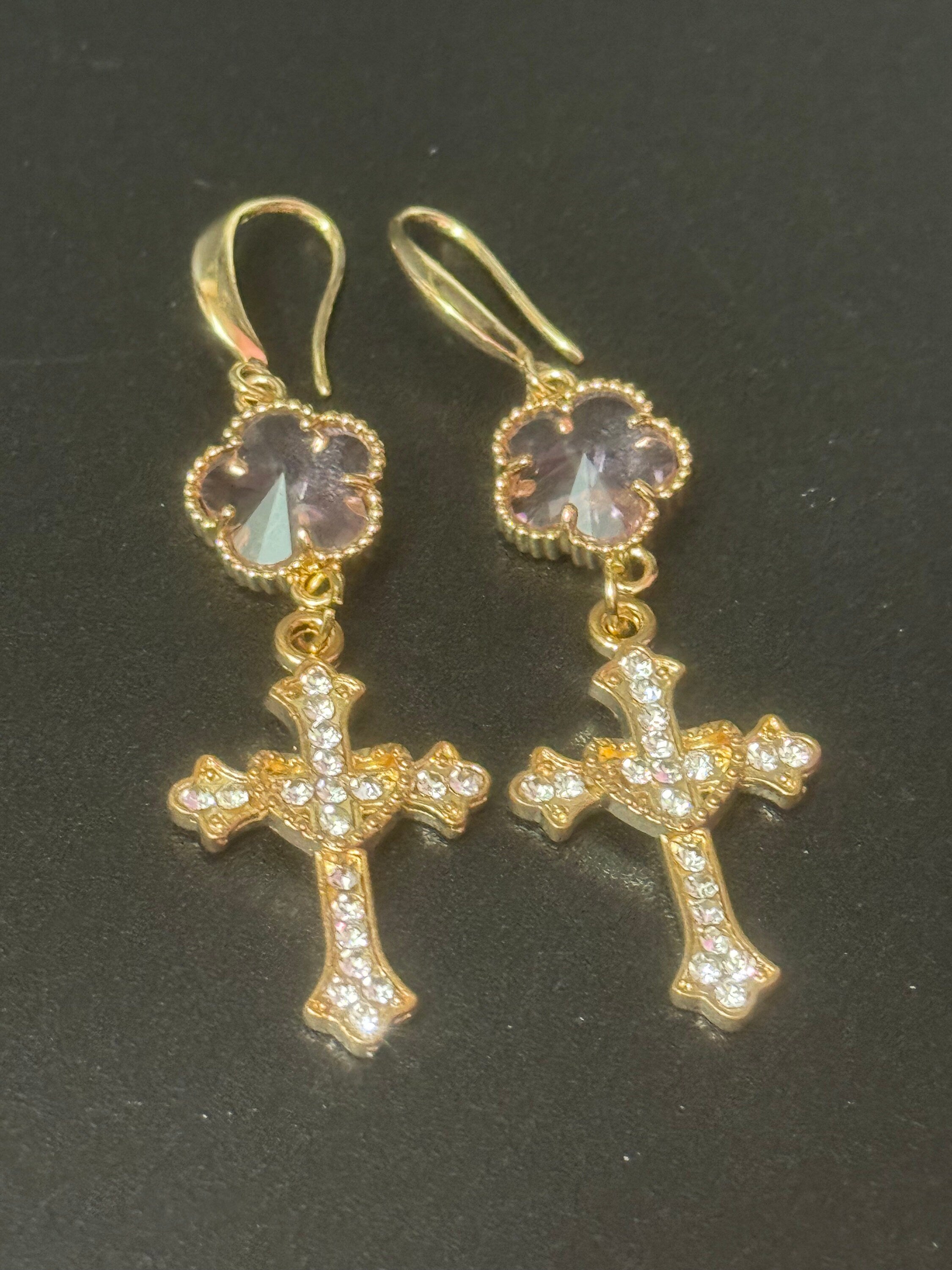18k Gold plated pink and clear crystal glass clear diamanté cross earrings