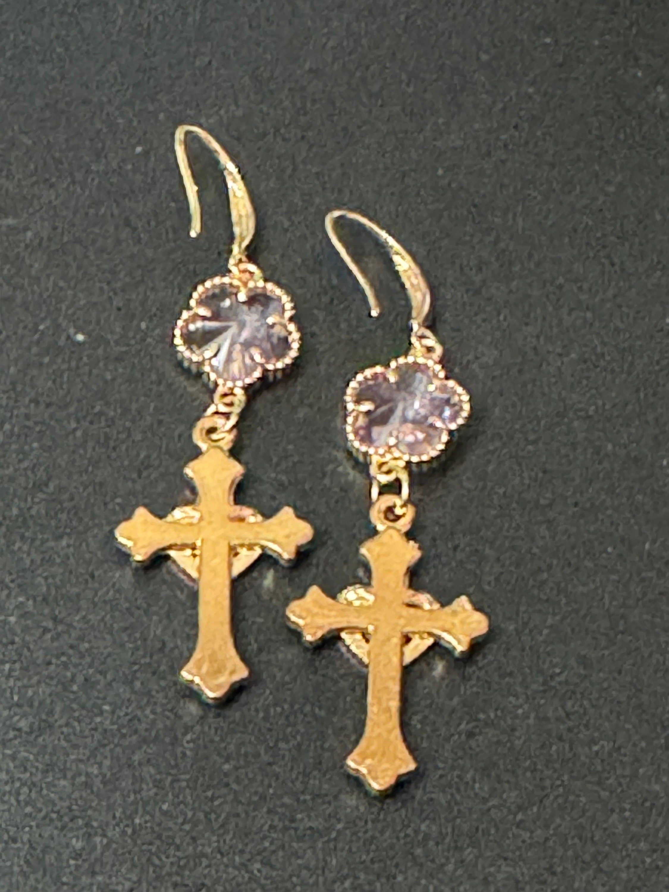 18k Gold plated pink and clear crystal glass clear diamanté cross earrings