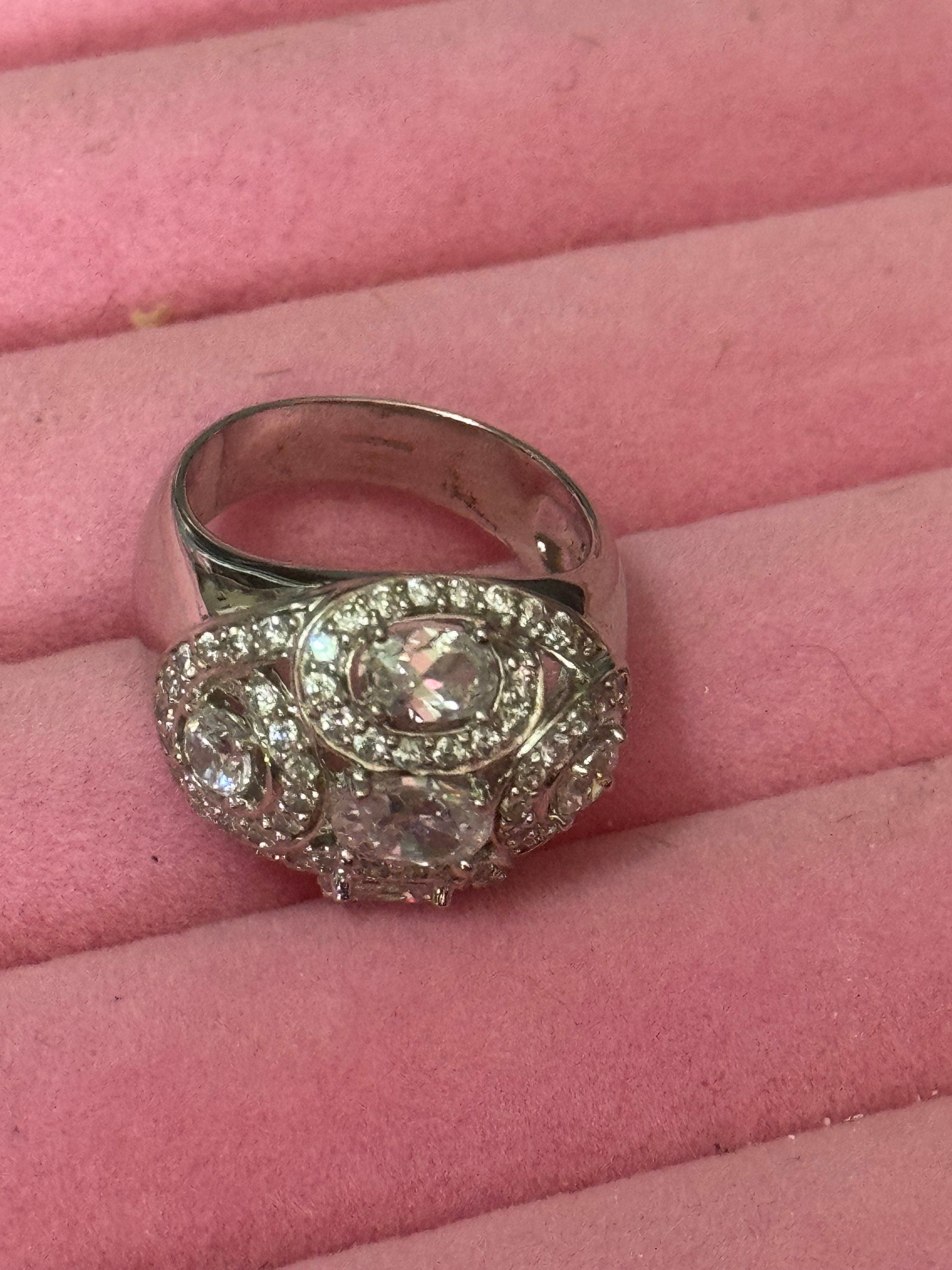 UK Size P cubic zirconia Diamonique Clear gemstone cocktail dress ring 925 sterling silver CZ