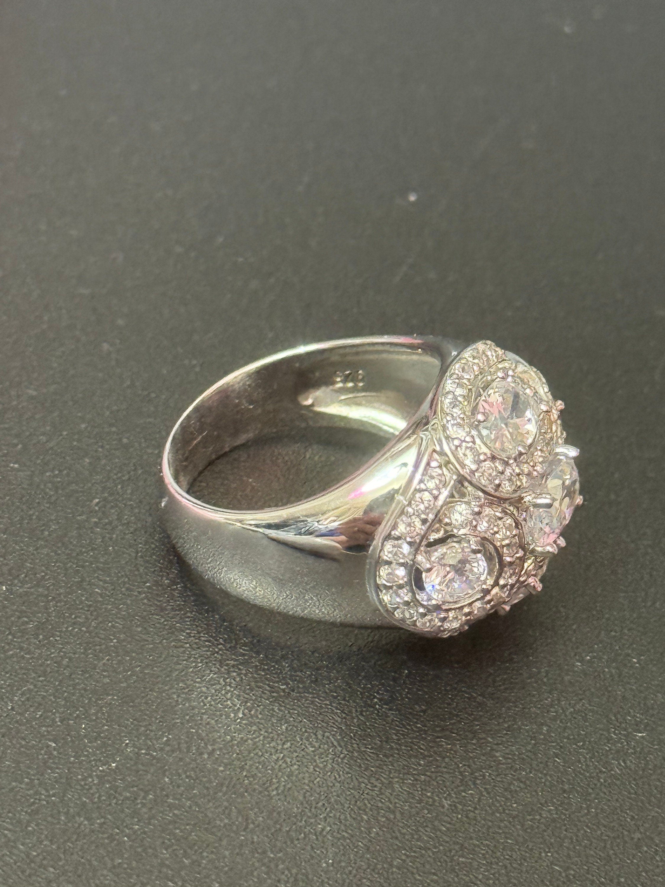 UK Size P cubic zirconia Diamonique Clear gemstone cocktail dress ring 925 sterling silver CZ