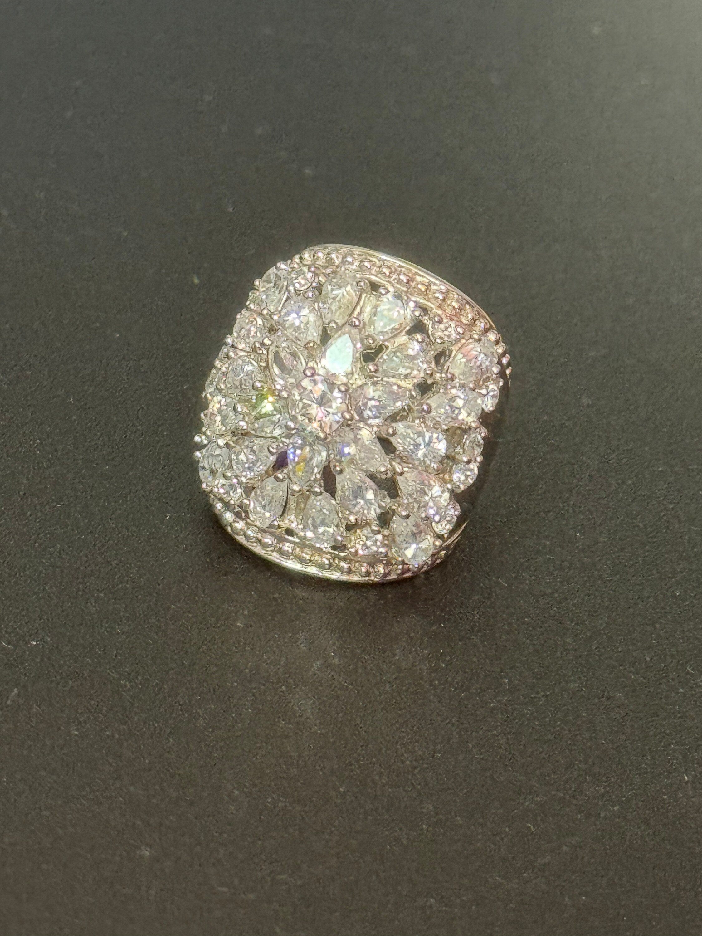 UK Size O cubic zirconia Diamonique Clear gemstone cocktail dress ring 925 sterling silver CZ