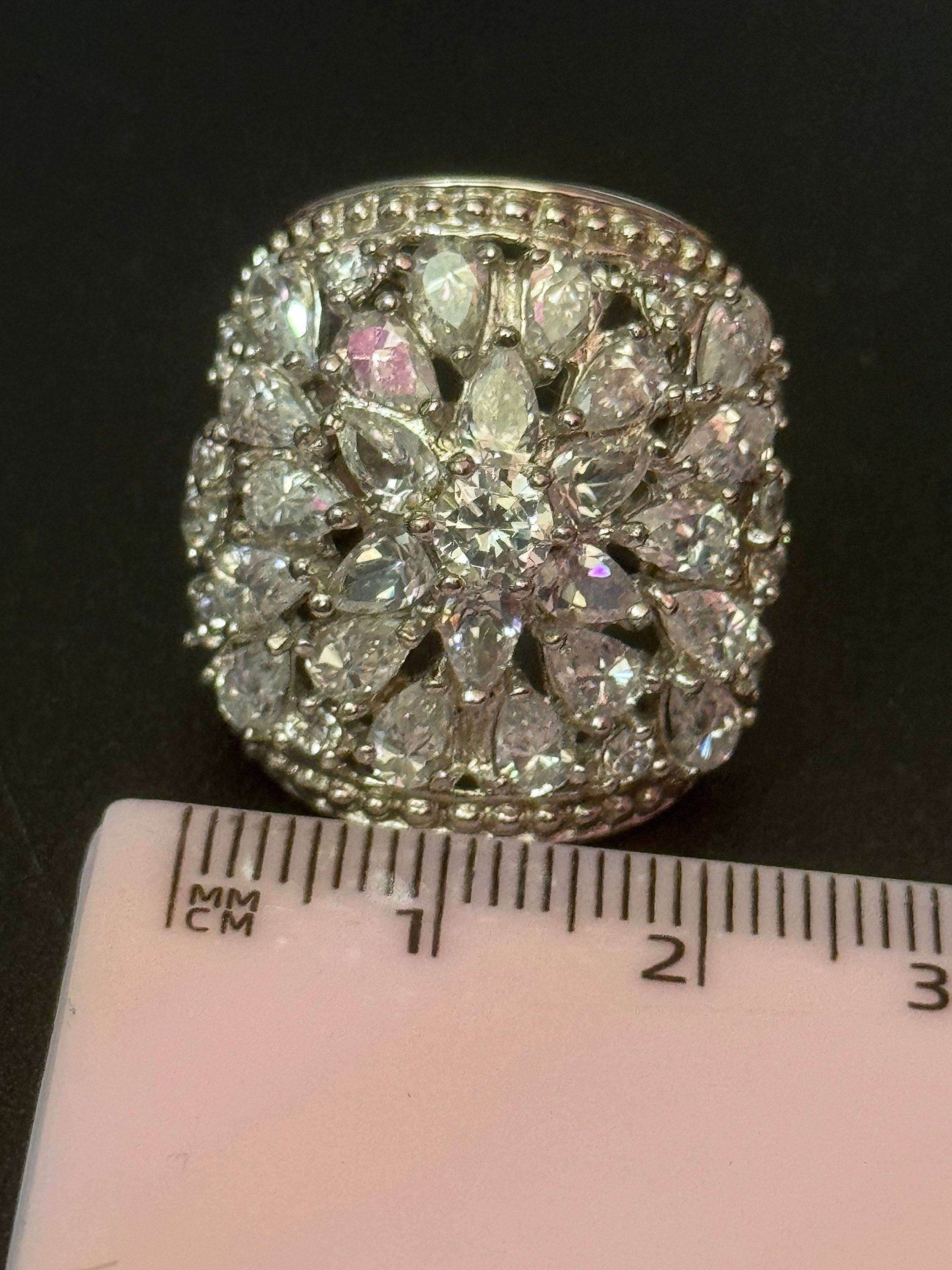 UK Size O cubic zirconia Diamonique Clear gemstone cocktail dress ring 925 sterling silver CZ