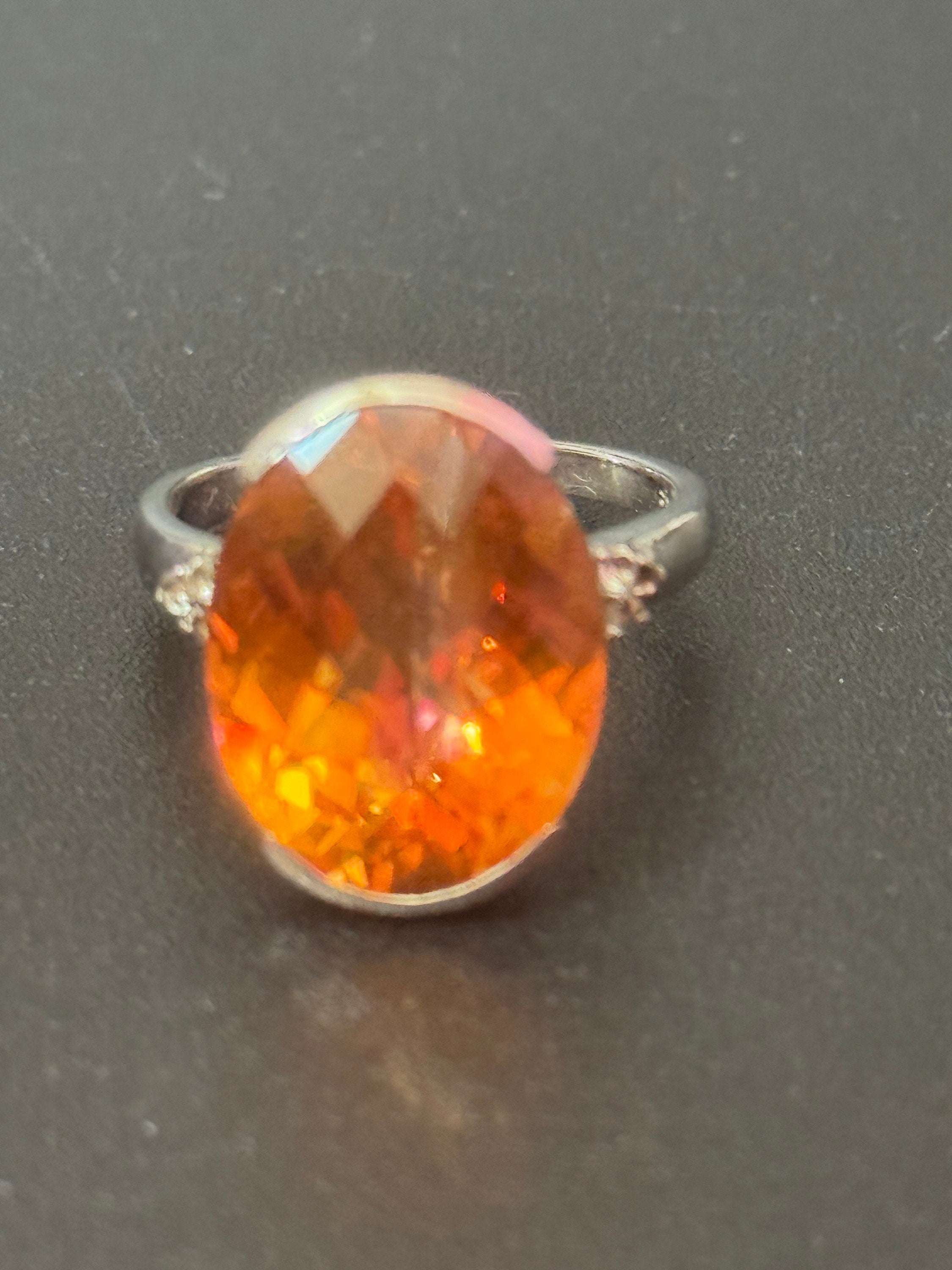 UK Size P.5 orange gemstone oval cocktail dress ring 925 sterling silver tggc