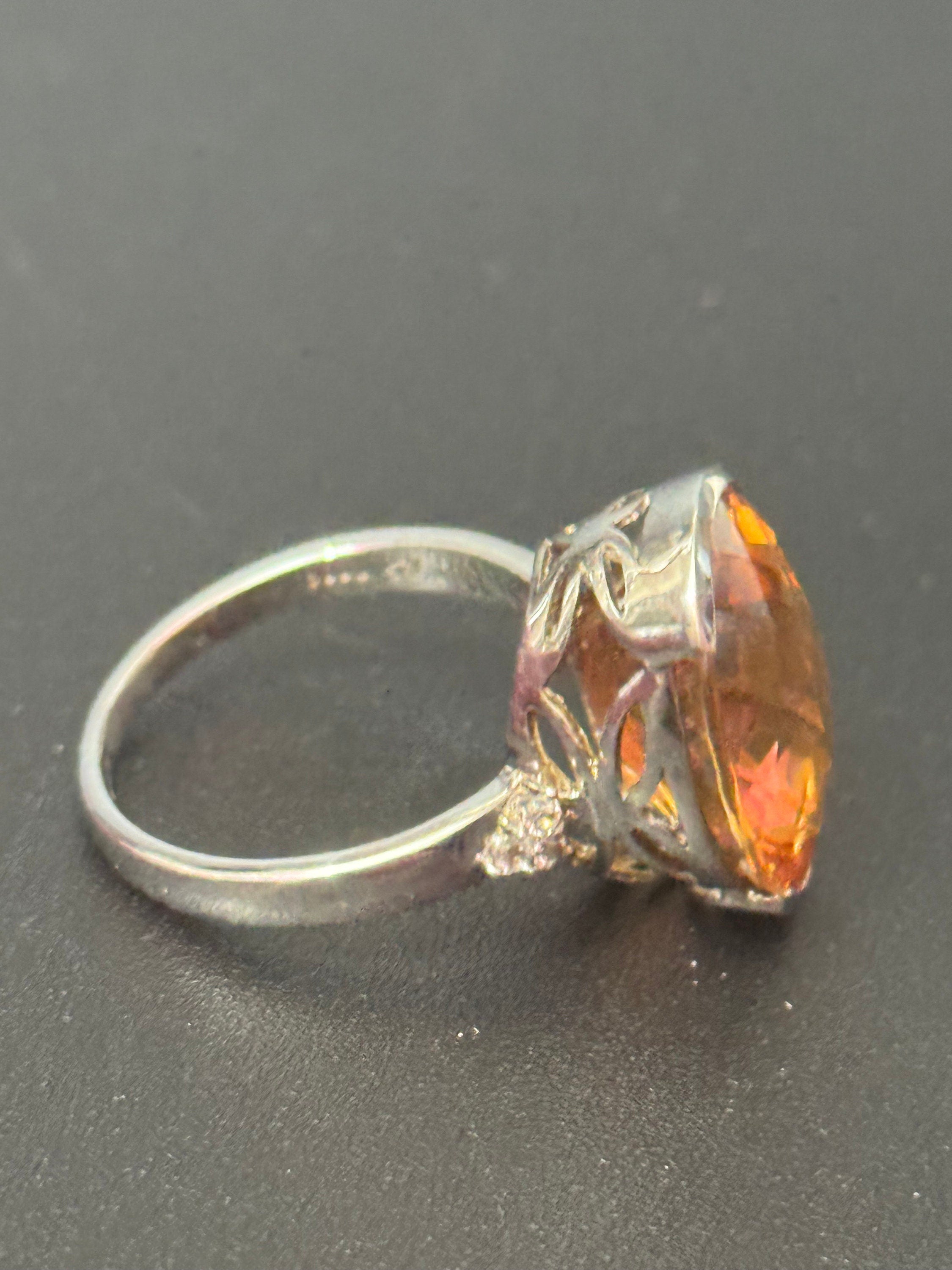 UK Size P.5 orange gemstone oval cocktail dress ring 925 sterling silver tggc