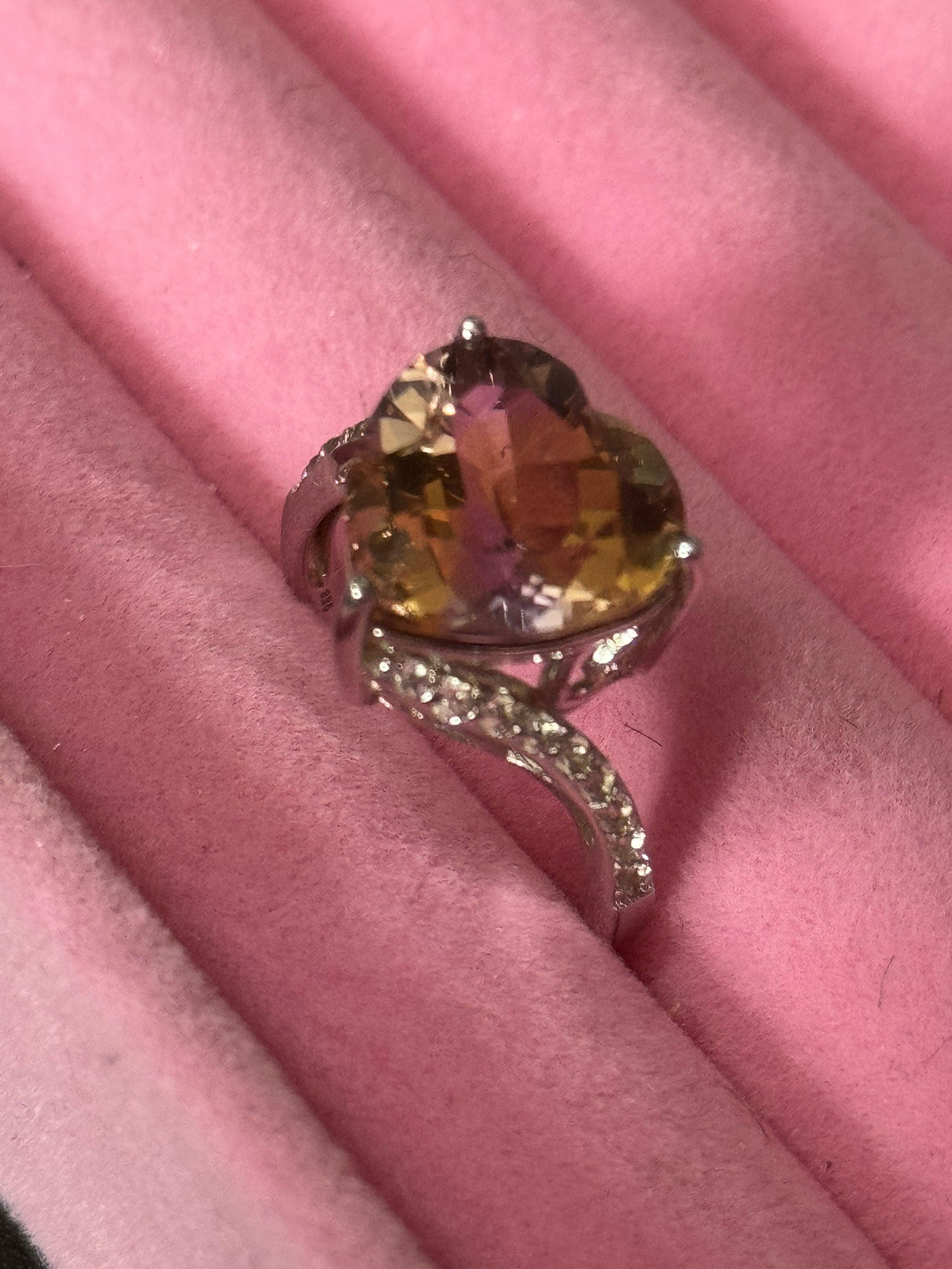 UK Size Q brown topaz gemstone heart cocktail dress ring 925 sterling silver tggc