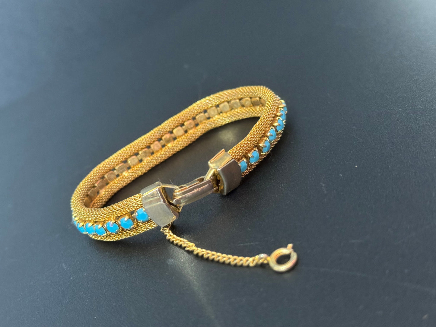 Vintage gold tone mesh rhinestone cuff bracelet with turquoise blue paste